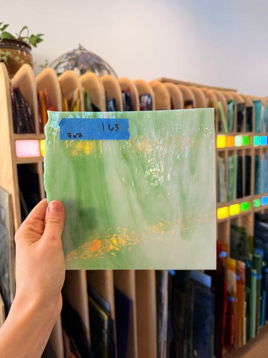 Vintage Green White Dappled Bullseye Sheet Glass Colorado Glass Works 7x7in (BE-08765997)