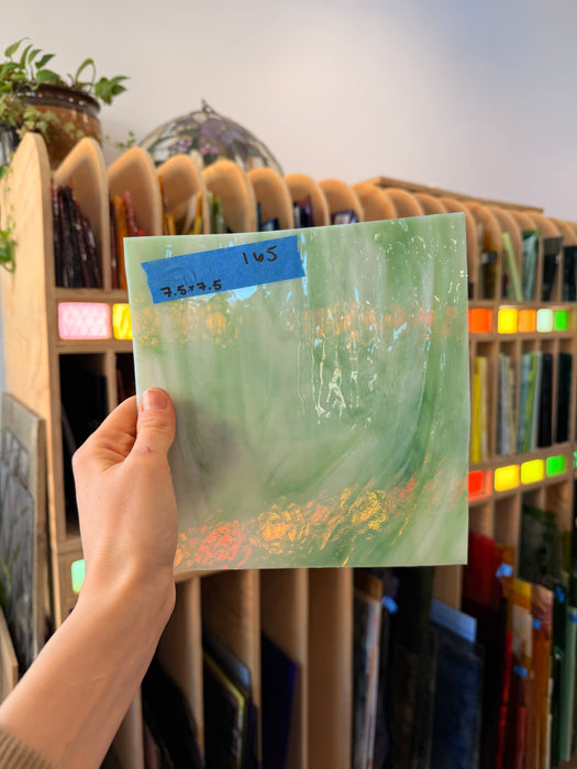 Vintage Green White Dappled Bullseye Sheet Glass Colorado Glass Works