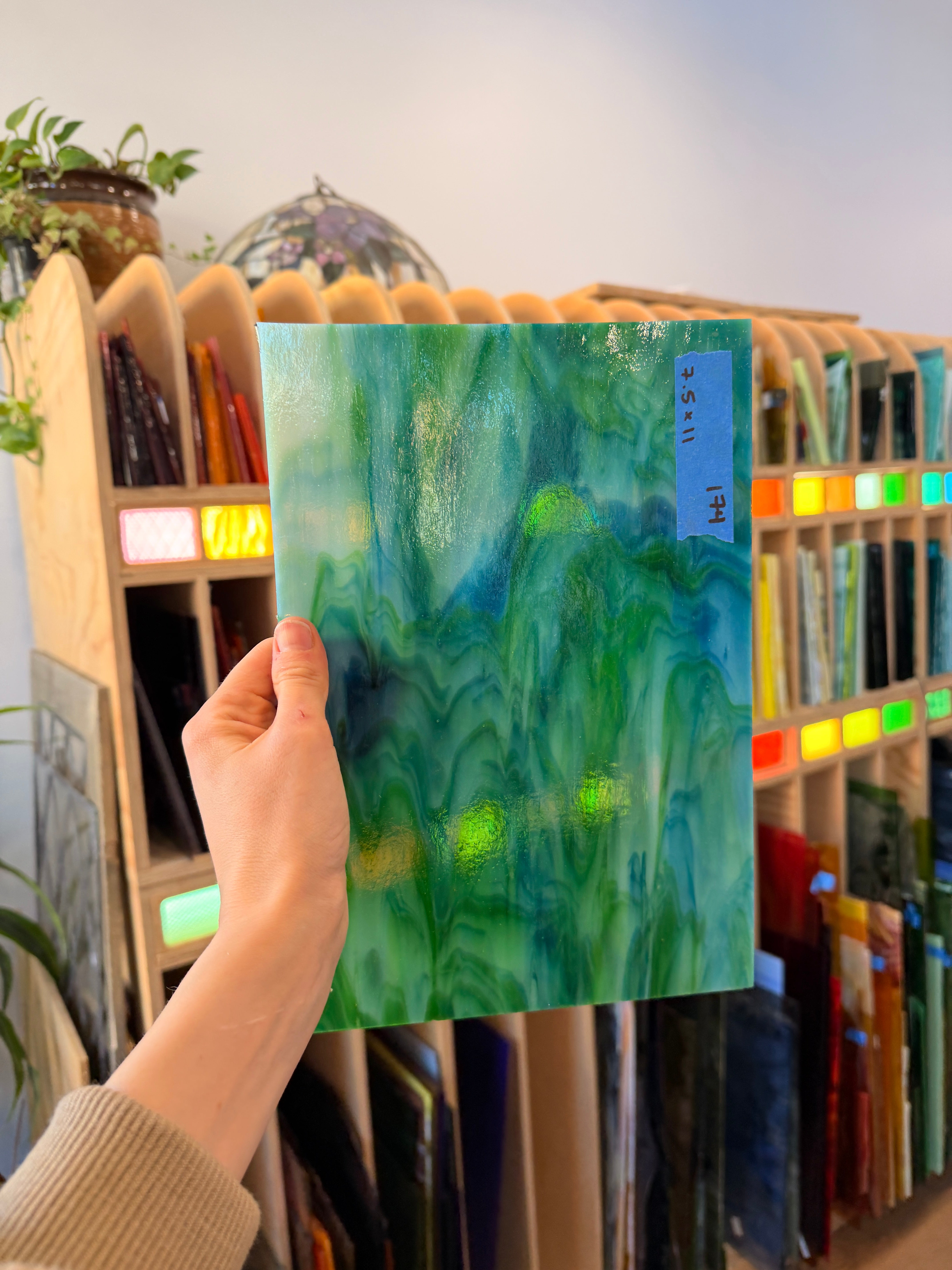 Blue Green White Wispy Kokomo Sheet Glass Colorado Glass Works 7.5x11in (KO-12693549)