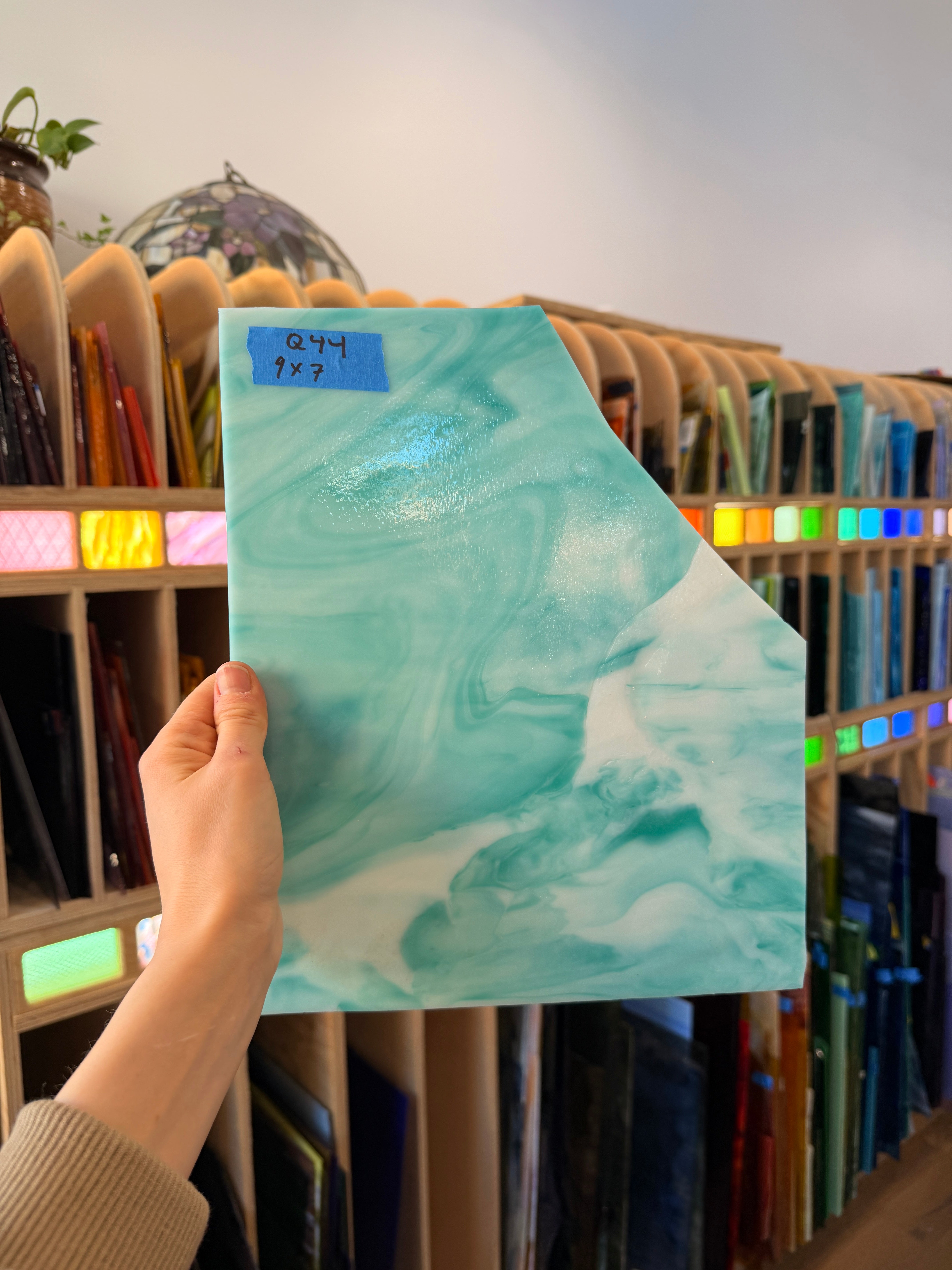 Teal White Wispy Wissmach Sheet Glass Bullseye