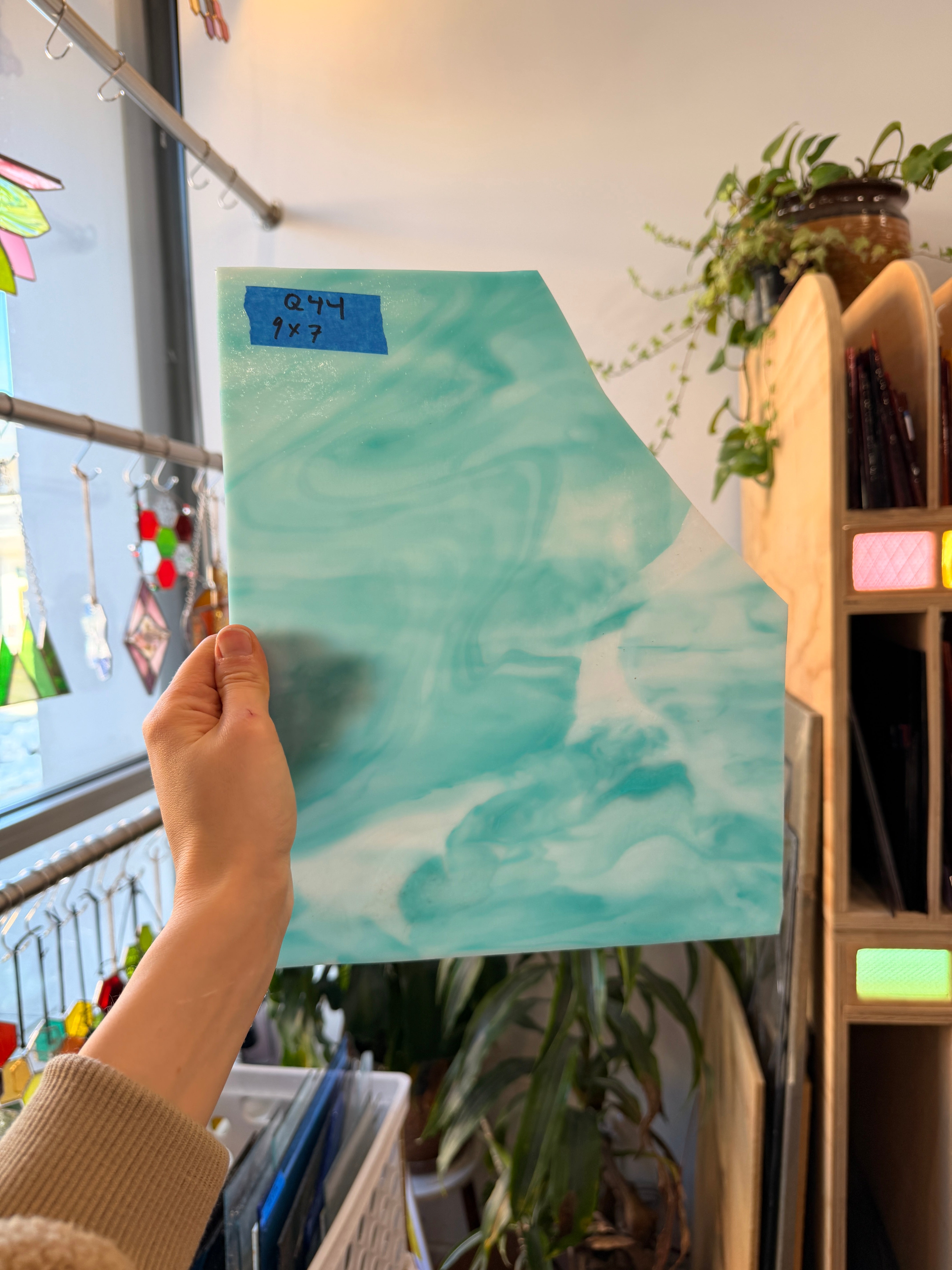 Teal White Wispy Wissmach Sheet Glass Bullseye 9x7in (WM-18680365)