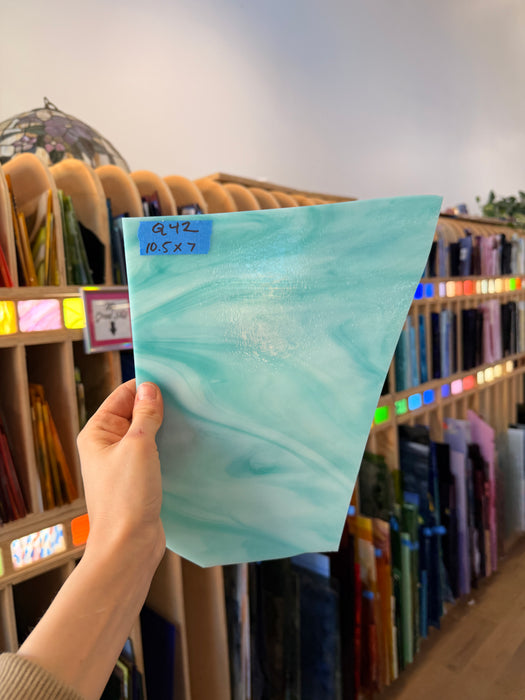 Teal White Wispy Wissmach Sheet Glass Bullseye 10.5x7in (WM-18745901)