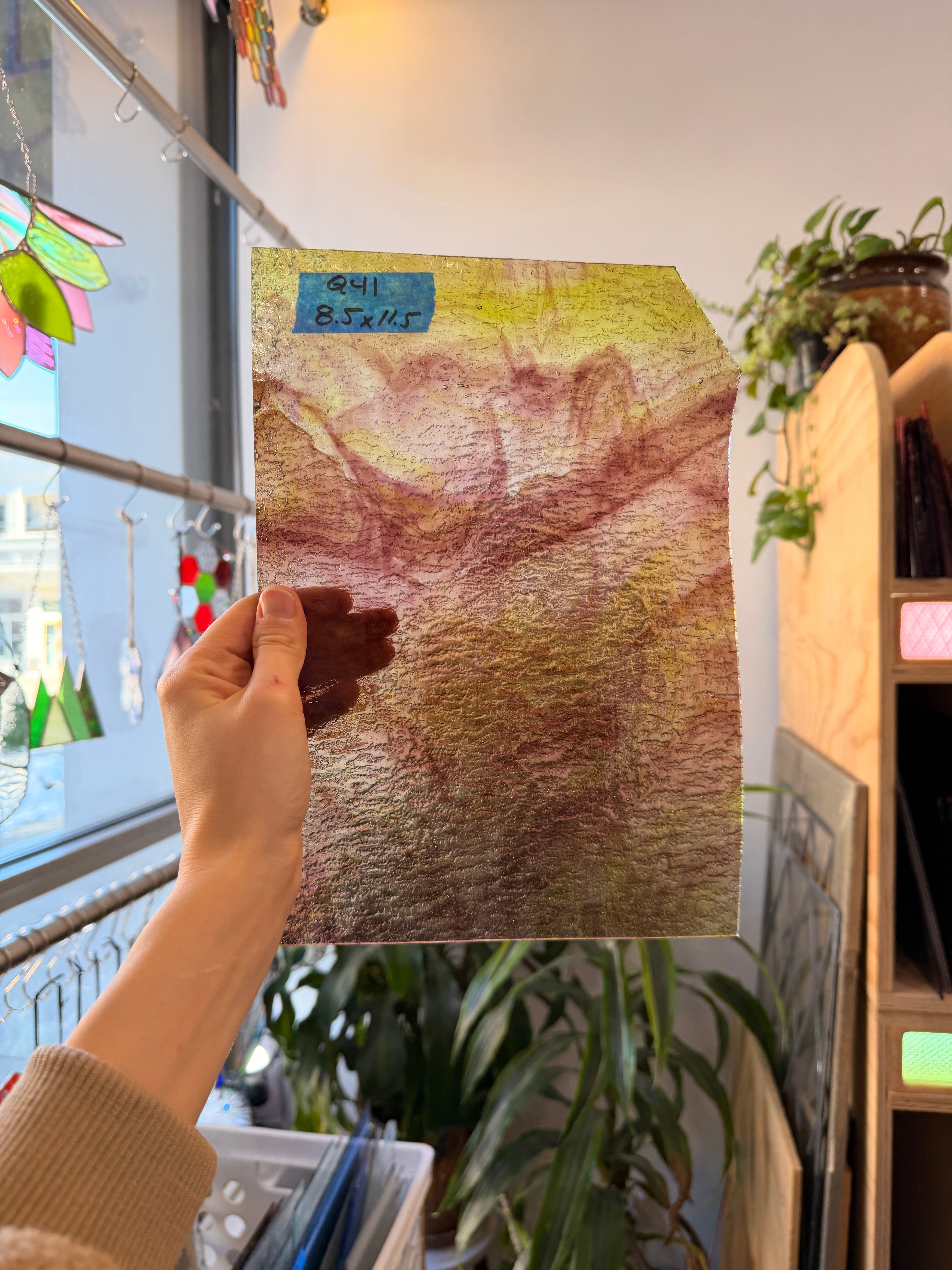 Green Purple Transparent Textured Wissmach Sheet Glass Kokomo 11.5x8.5in (WM-19859501)