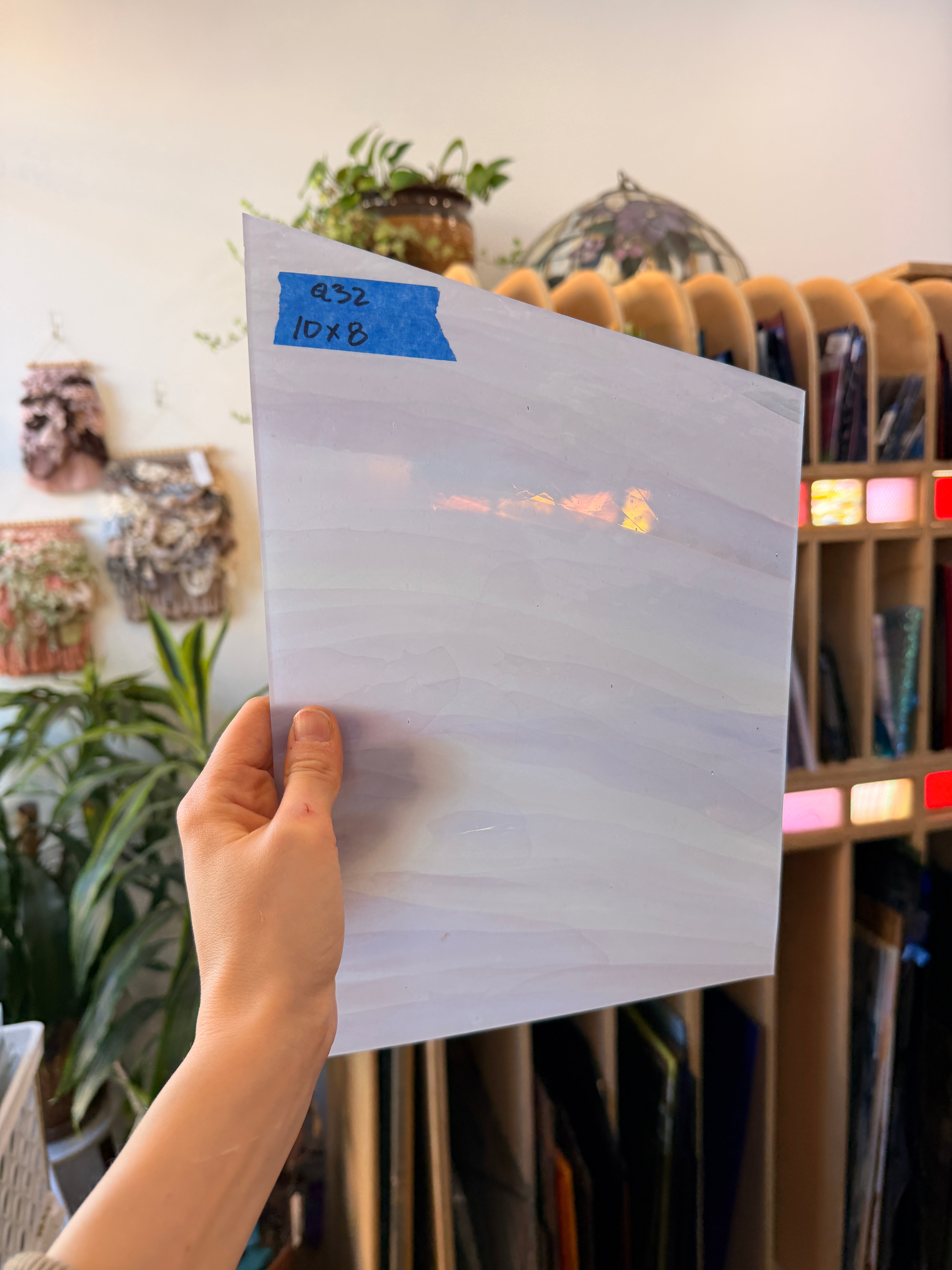 Light Lavender White Wispy Lambert Mouth Blown on Clear Flash Sheet Glass Colorado Glassworks