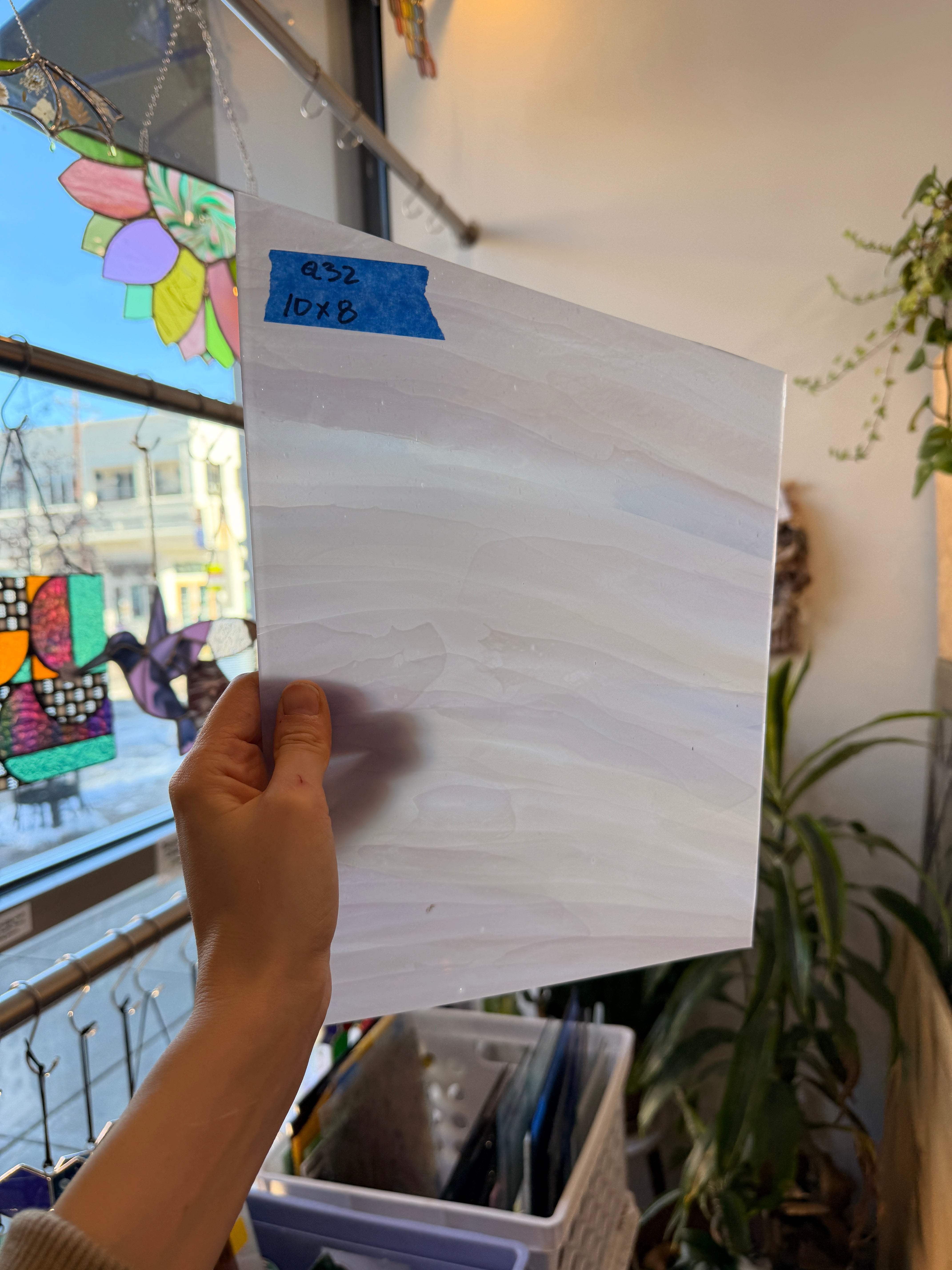 Light Lavender White Wispy Lambert Mouth Blown on Clear Flash Sheet Glass Colorado Glassworks