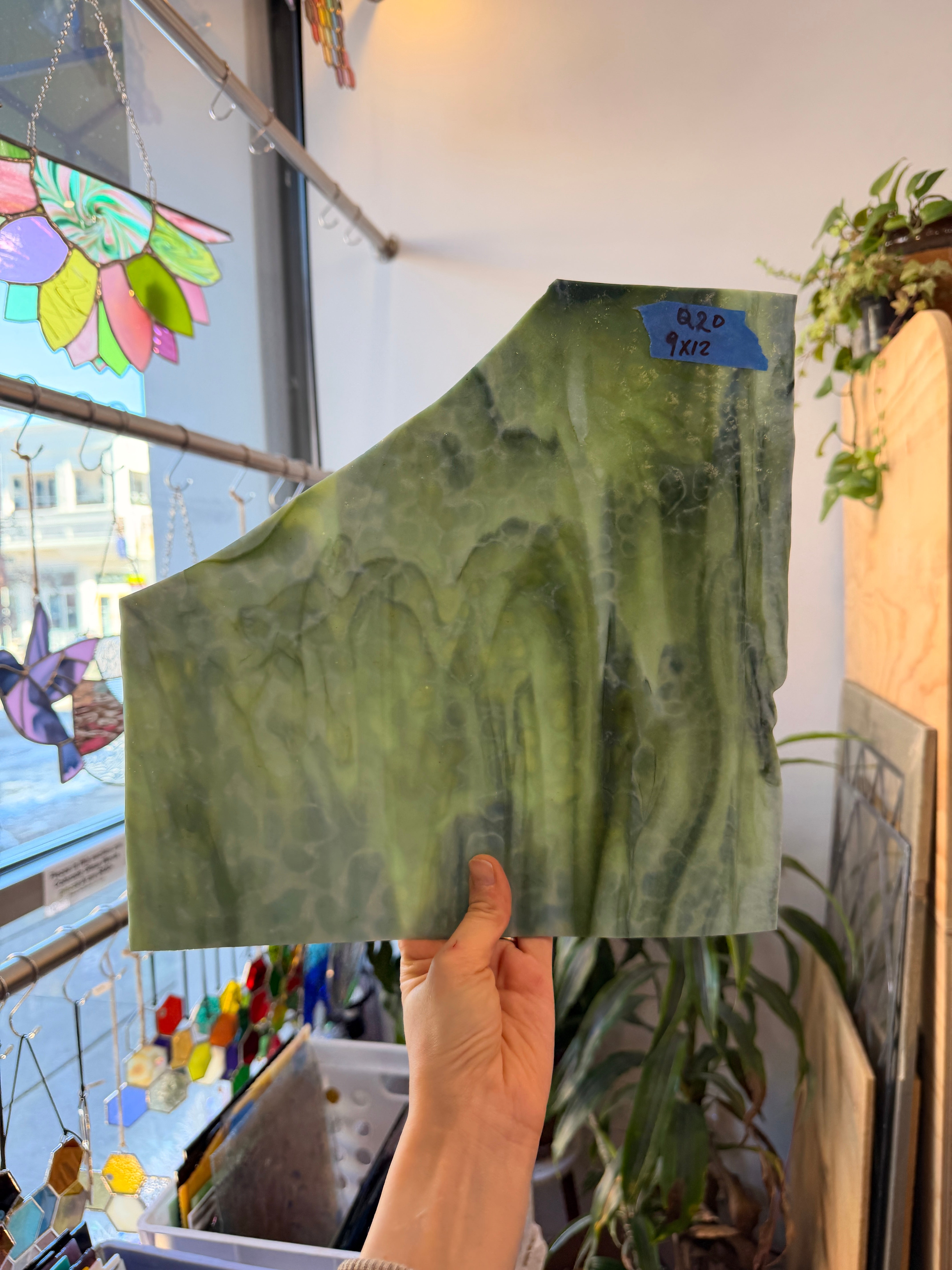 Vintage Green White Mottled Bullseye Sheet Glass Colorado Glassworks