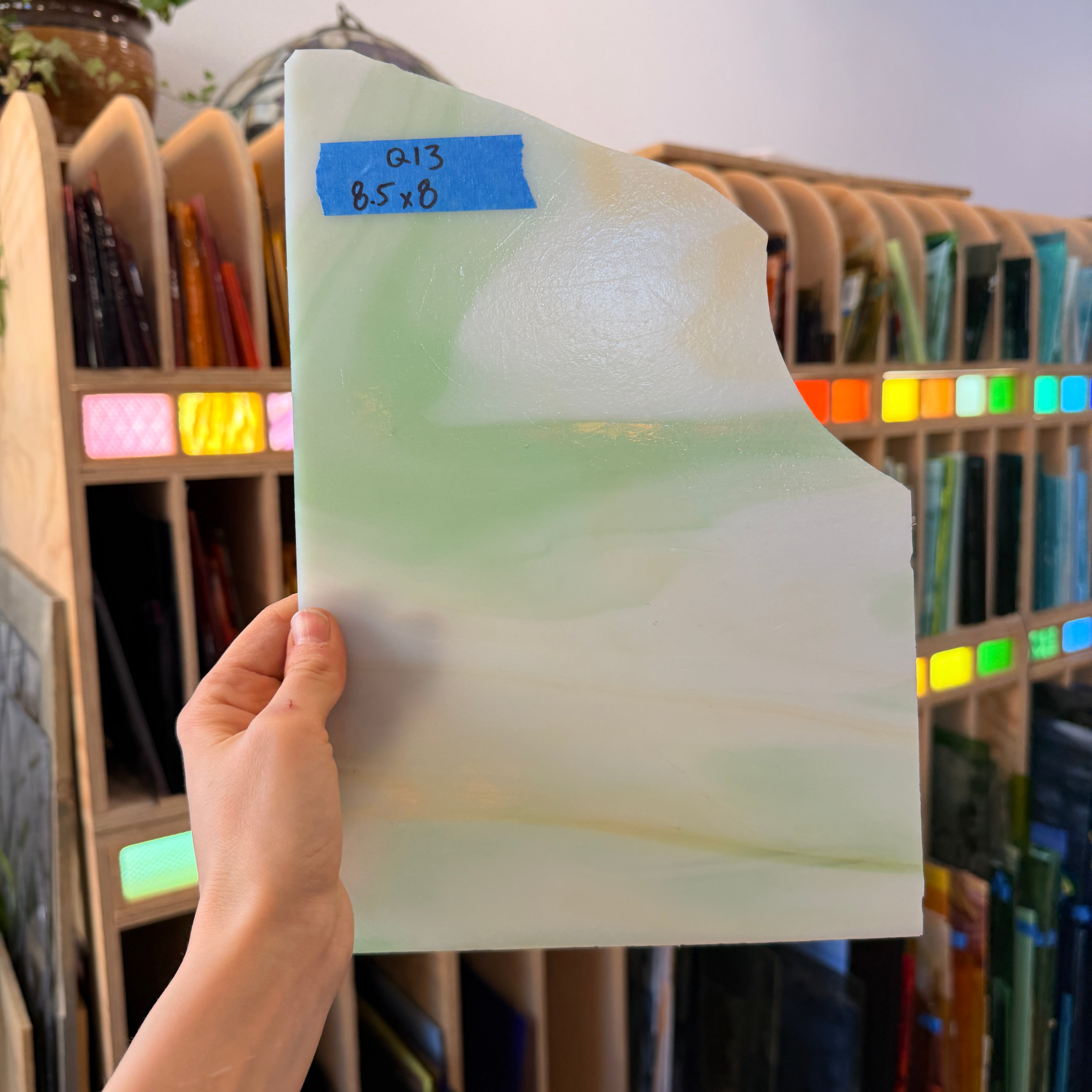 Wispy Tan Light Green Kokomo Sheet Glass Armstrong 8.5x8in (KO-14868781)