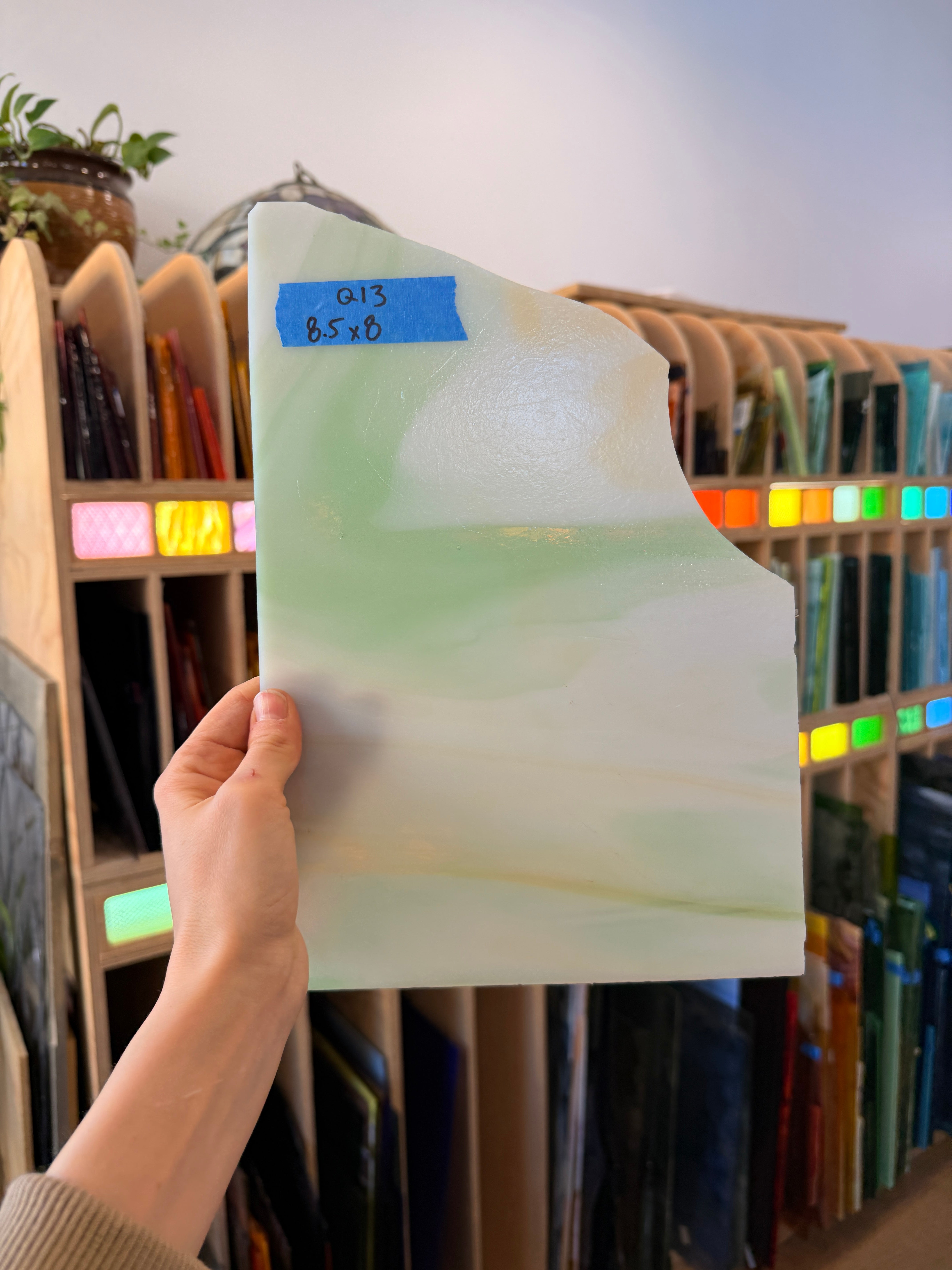 Wispy Tan Light Green Kokomo Sheet Glass Armstrong 8.5x8in (KO-14868781)