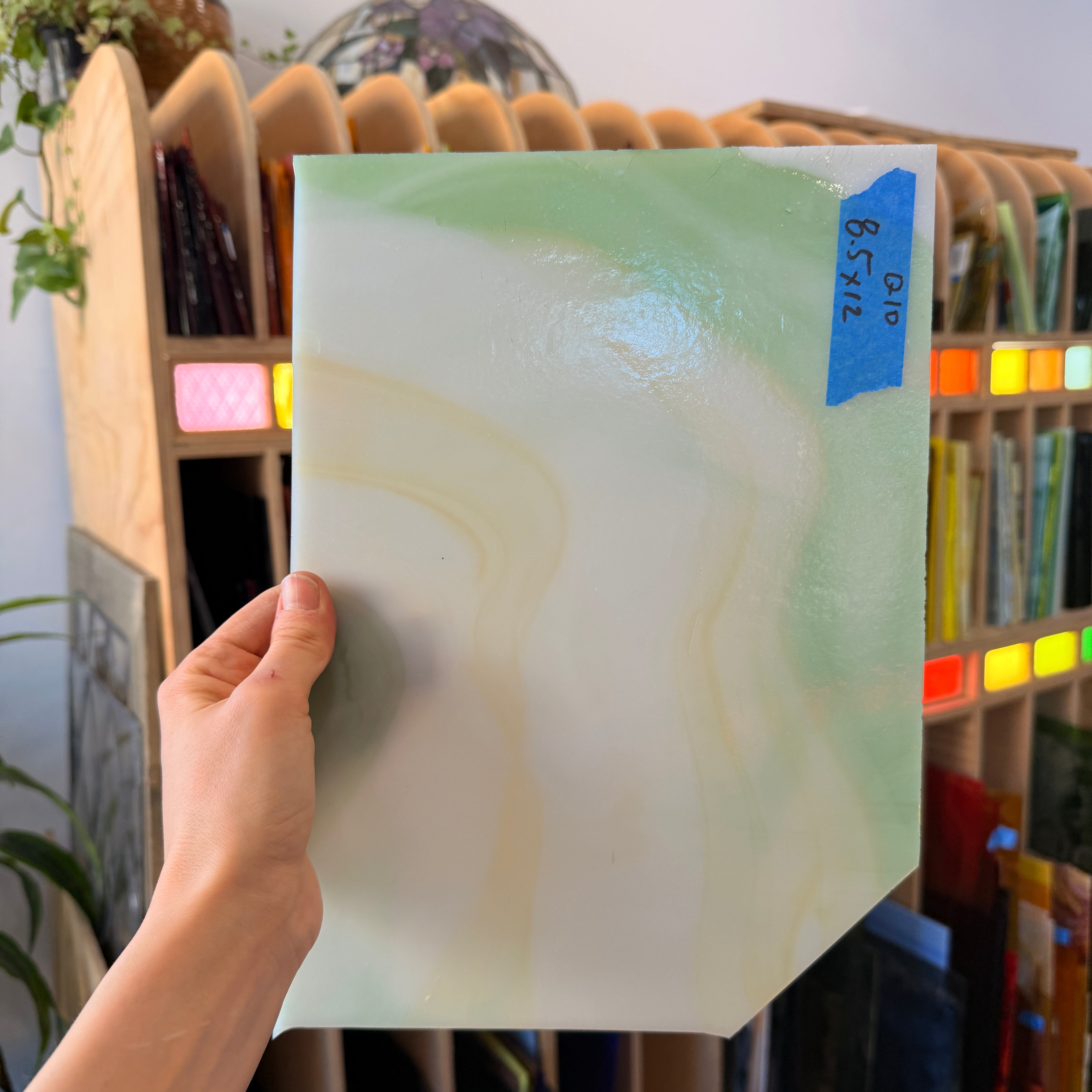 Wispy Tan Light Green Kokomo Sheet Glass Armstrong Q10 (12x8.5in)