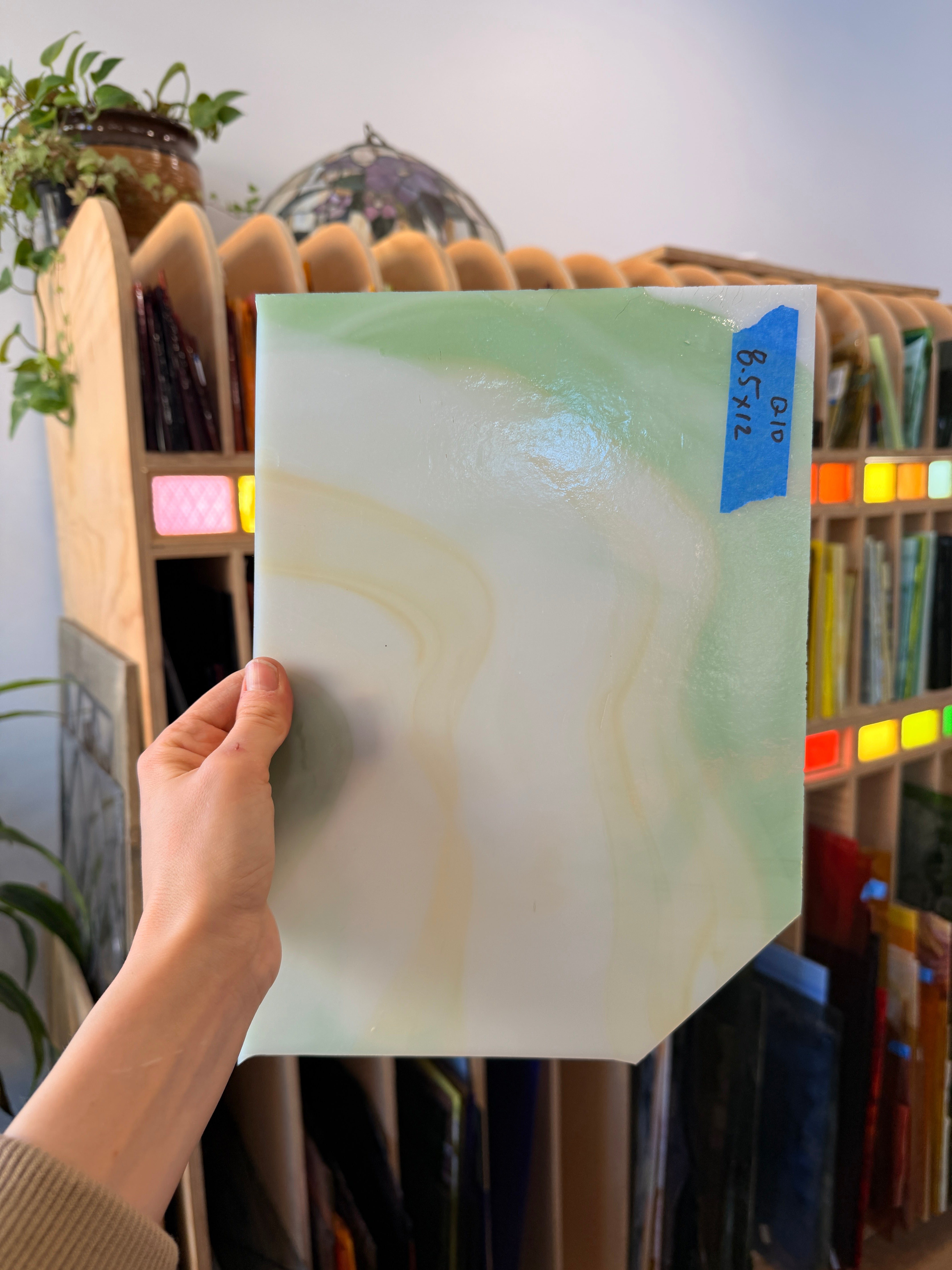 Wispy Tan Light Green Kokomo Sheet Glass Armstrong Q10 (12x8.5in)