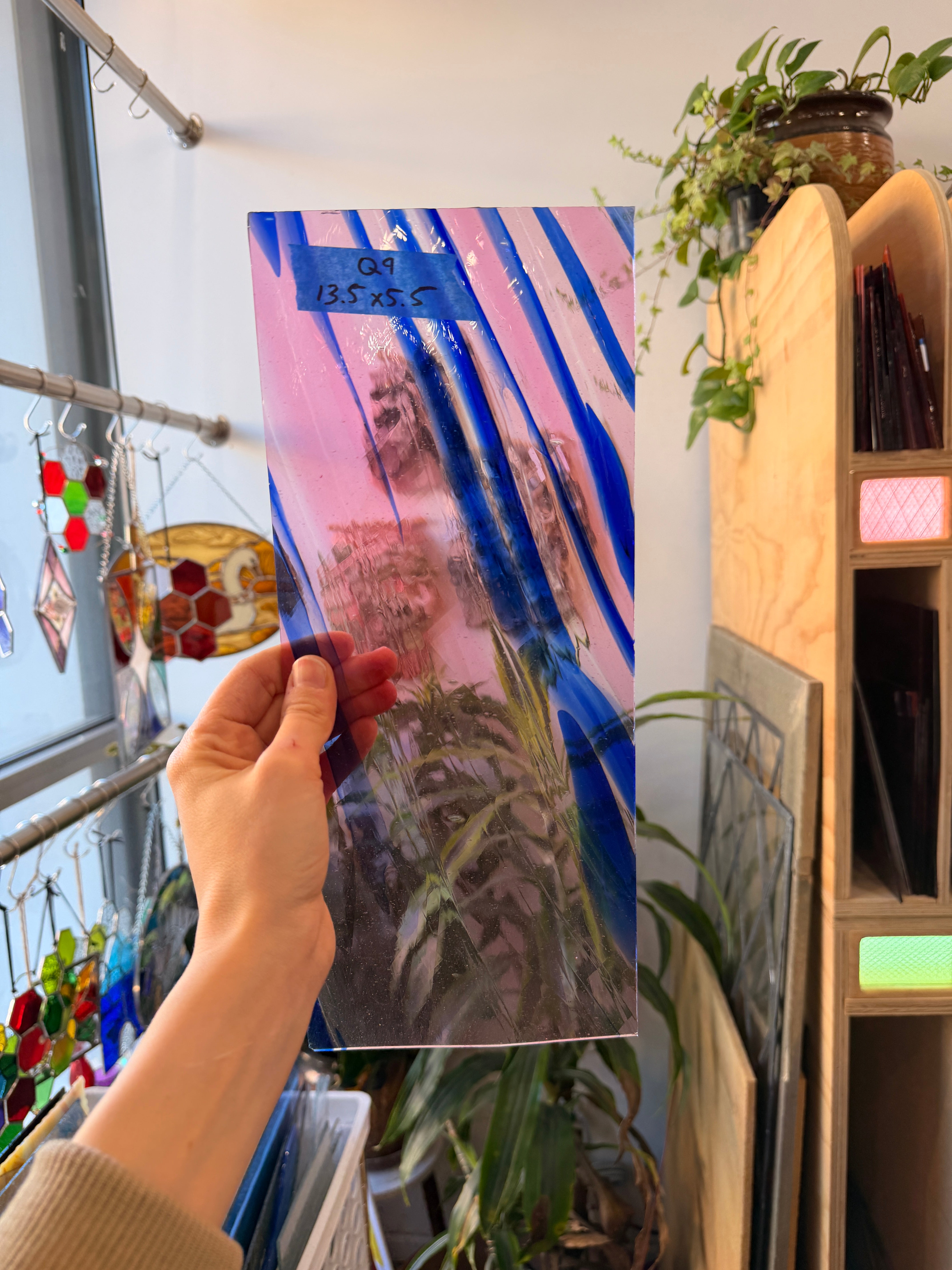 Lamberts Mouth Blown Pink and Blue on Clear Flash Sheet Glass Colorado Glassworks 13.5x5.5in (LA-18310445)