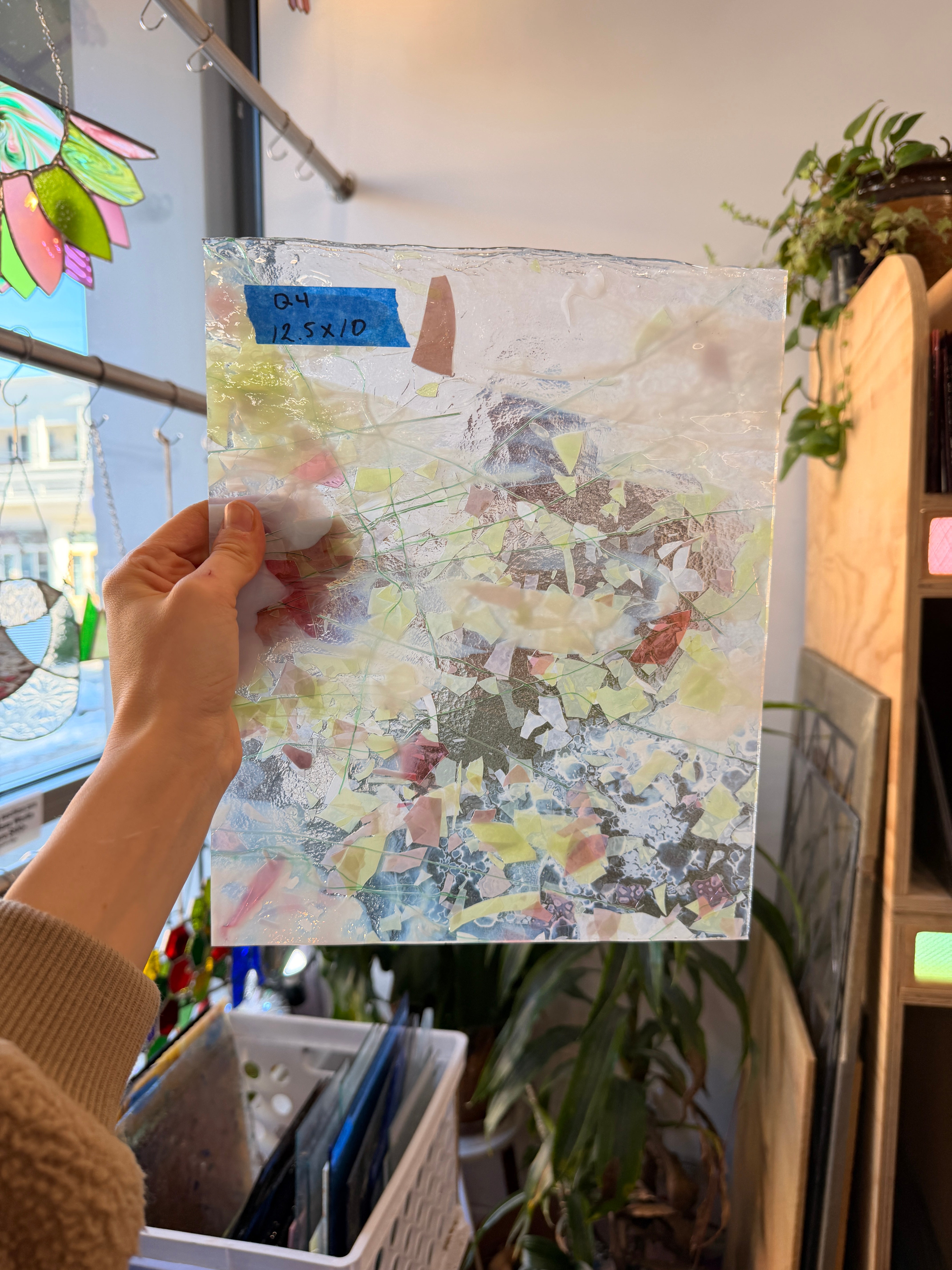 Vintage Pink White Yellow Fracture with Green Stringers Uroboros Sheet Glass Colorado Glassworks