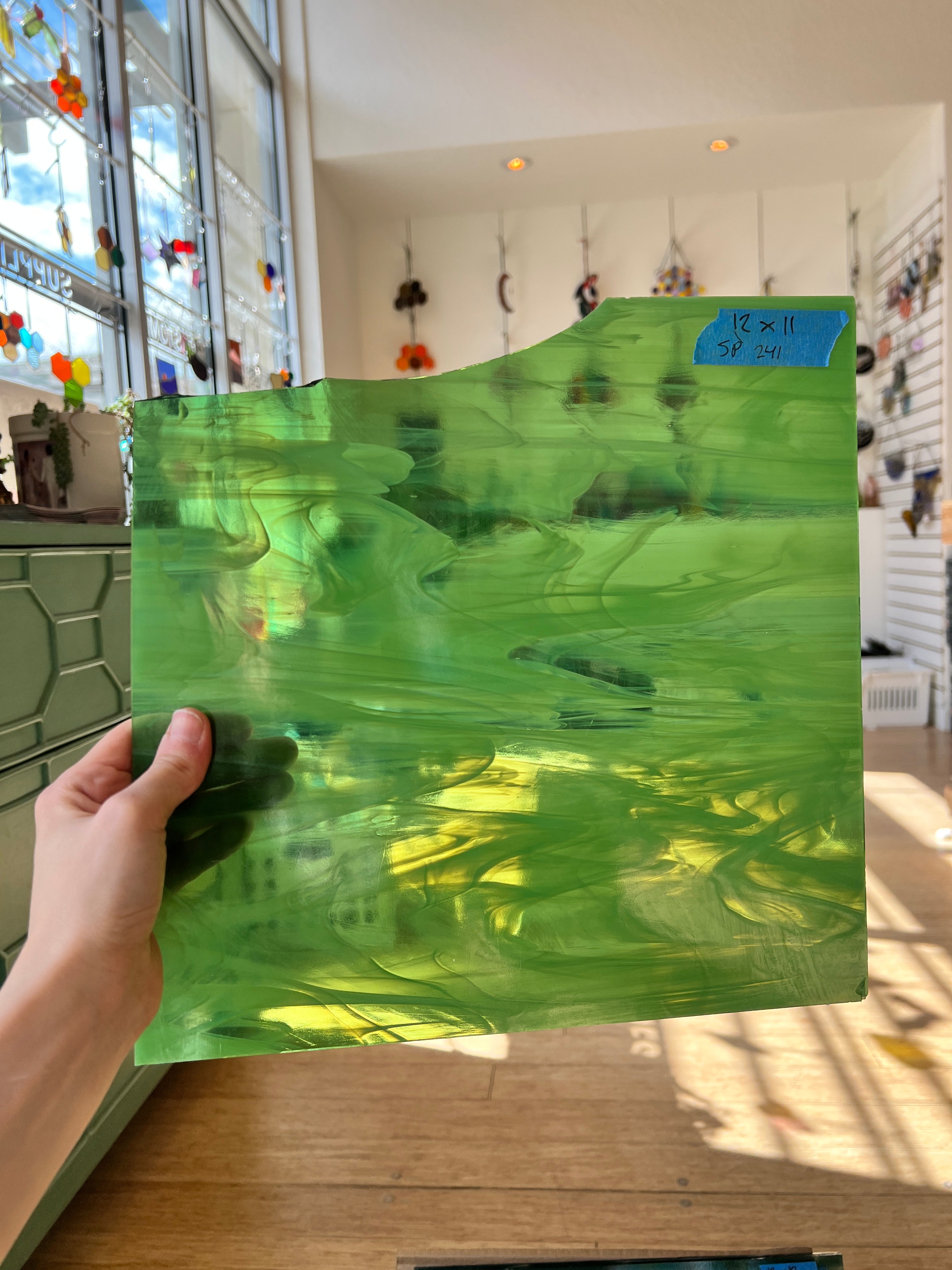 Bigger Spectrum (Vintage) Green Transparent Wispy Sheet Glass Colorado Glassworks   