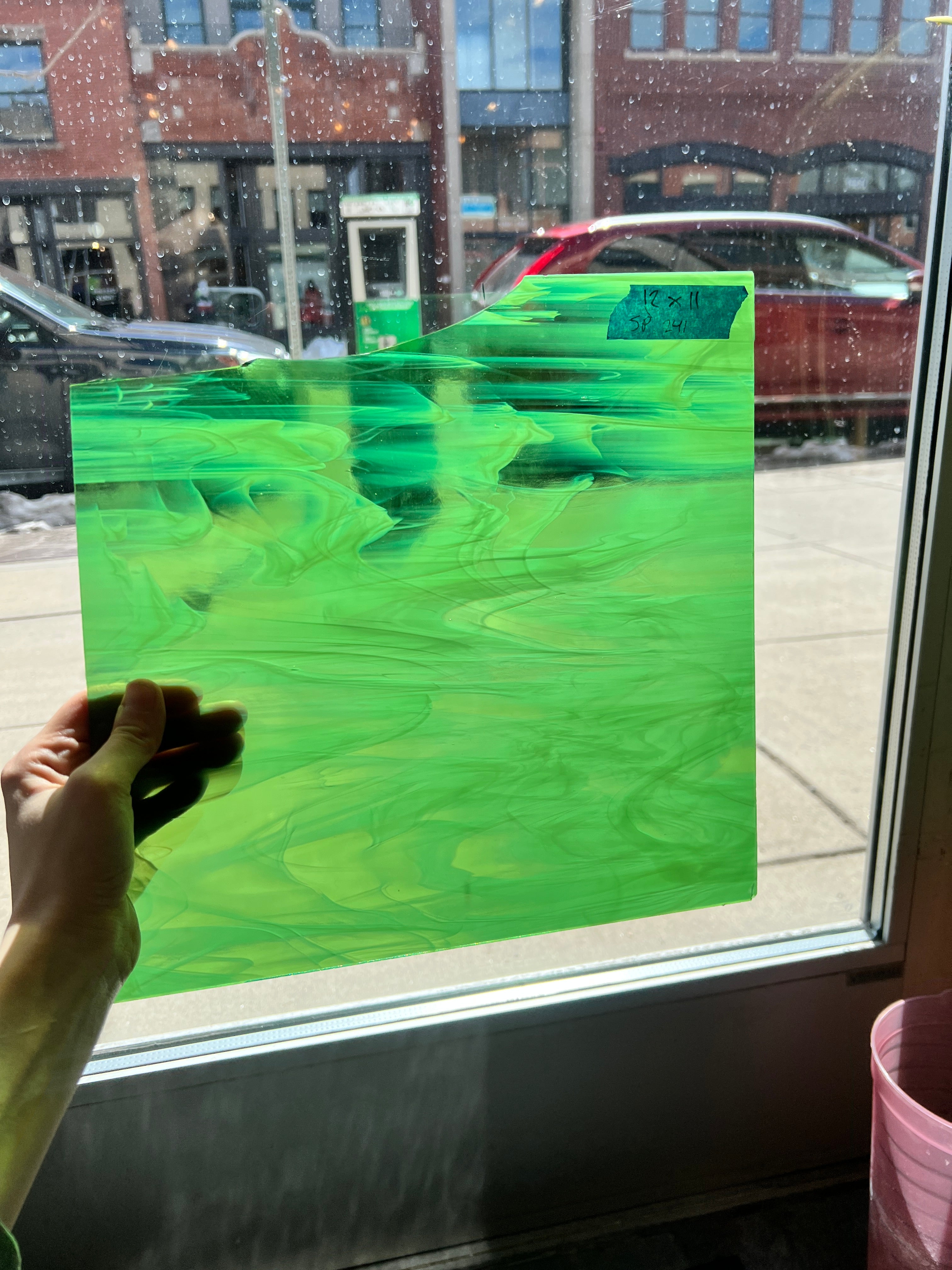 Bigger Spectrum (Vintage) Green Transparent Wispy Sheet Glass Colorado Glassworks   