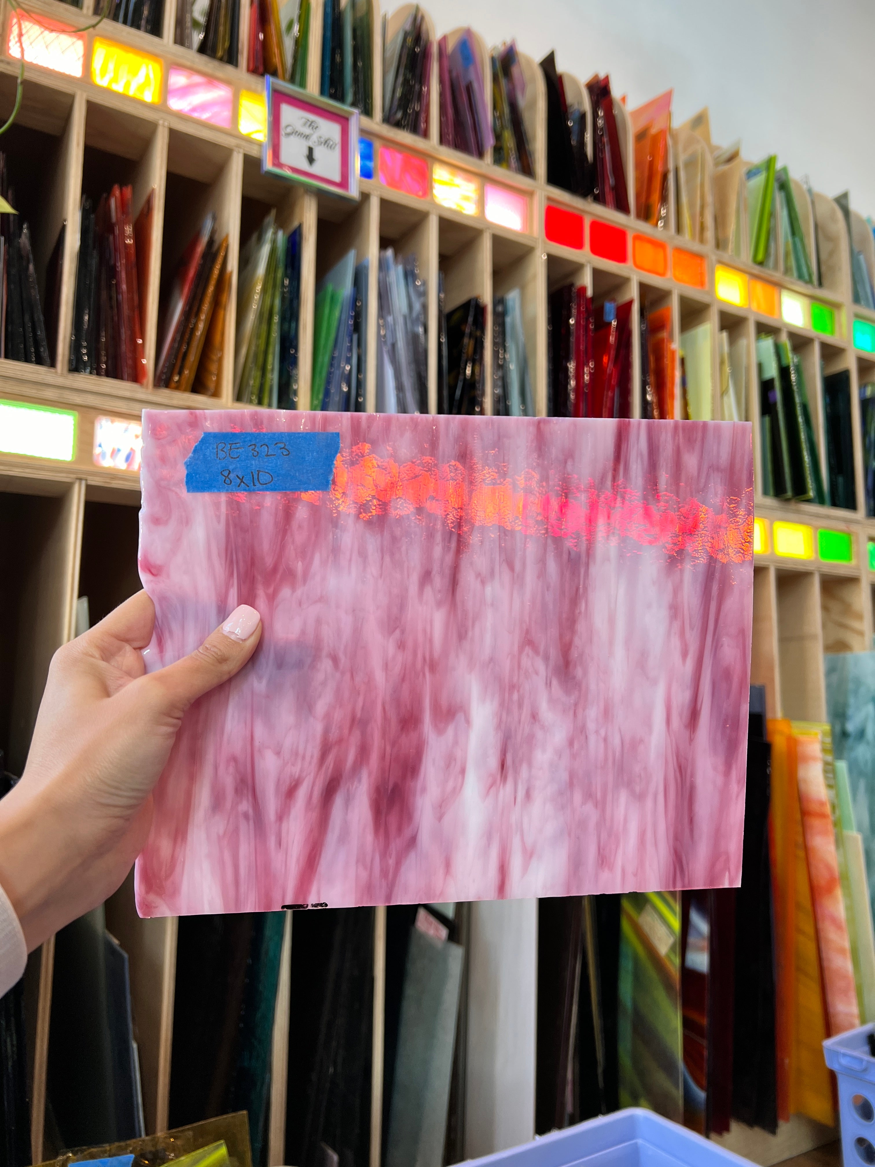 Pink and White Semi-Opaque Vintage Bullseye Sheet Glass Colorado Glassworks BE323 (8x10in)  