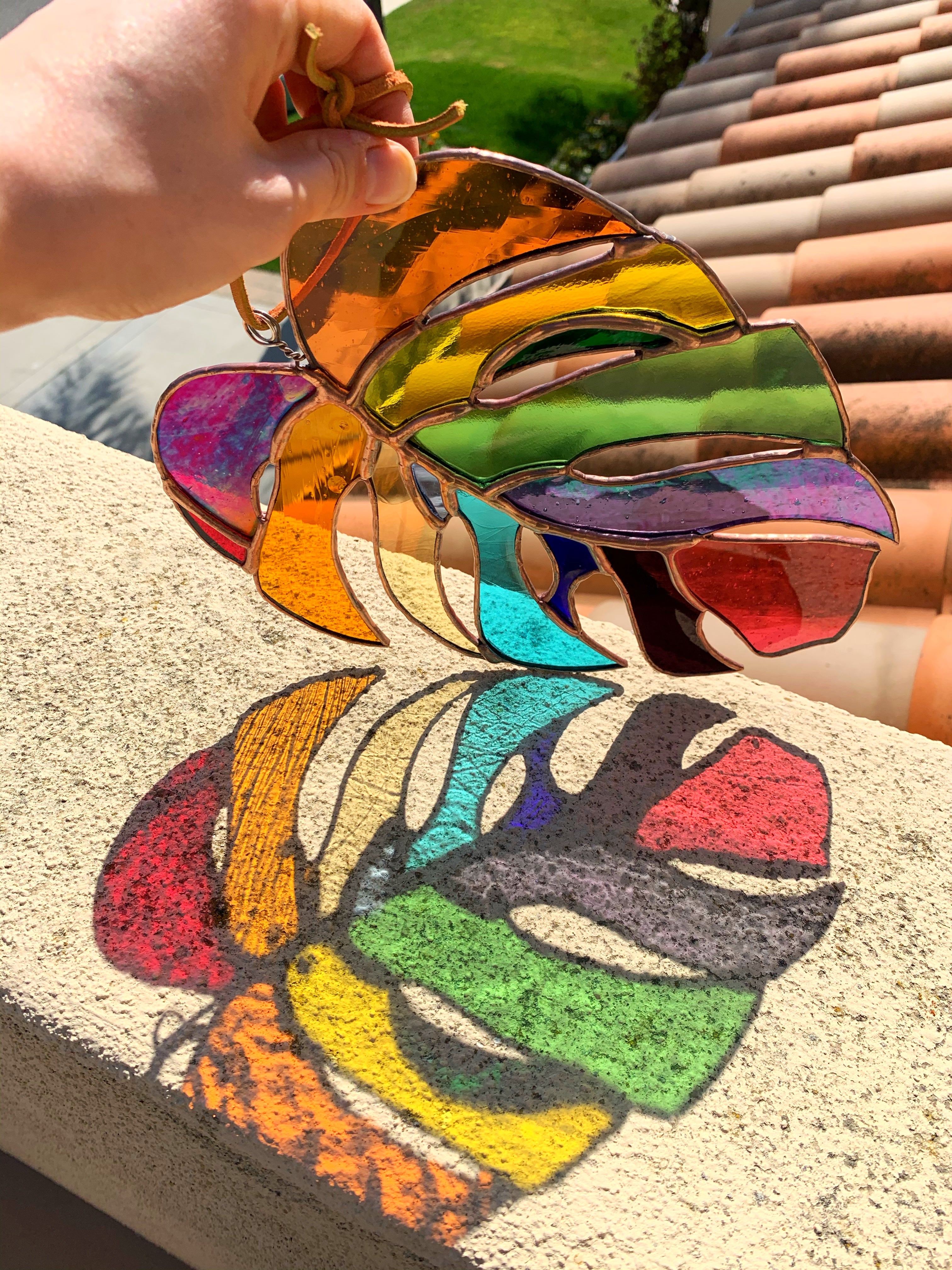 Stained glass rainbow leaf
