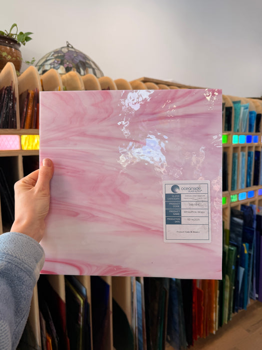 NEW! Oceanside Light Pink & White Wispy Fusible 96 COE - OGT 395.1F Sheet Glass Colorado Glassworks