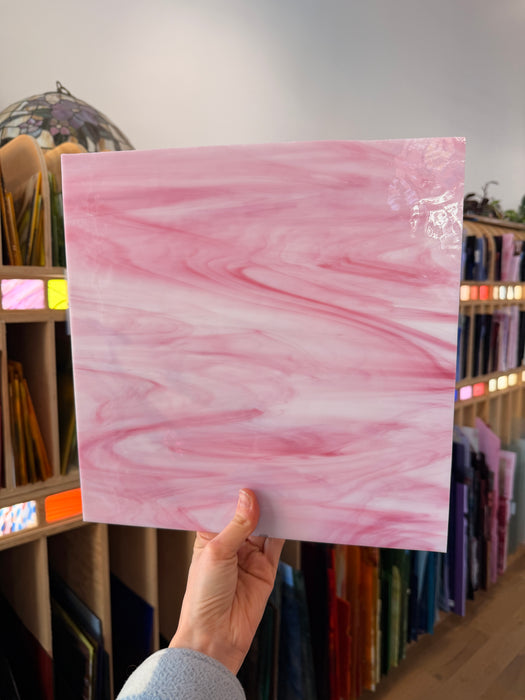 NEW! Oceanside Light Pink & White Wispy Fusible 96 COE - OGT 395.1F Sheet Glass Colorado Glassworks