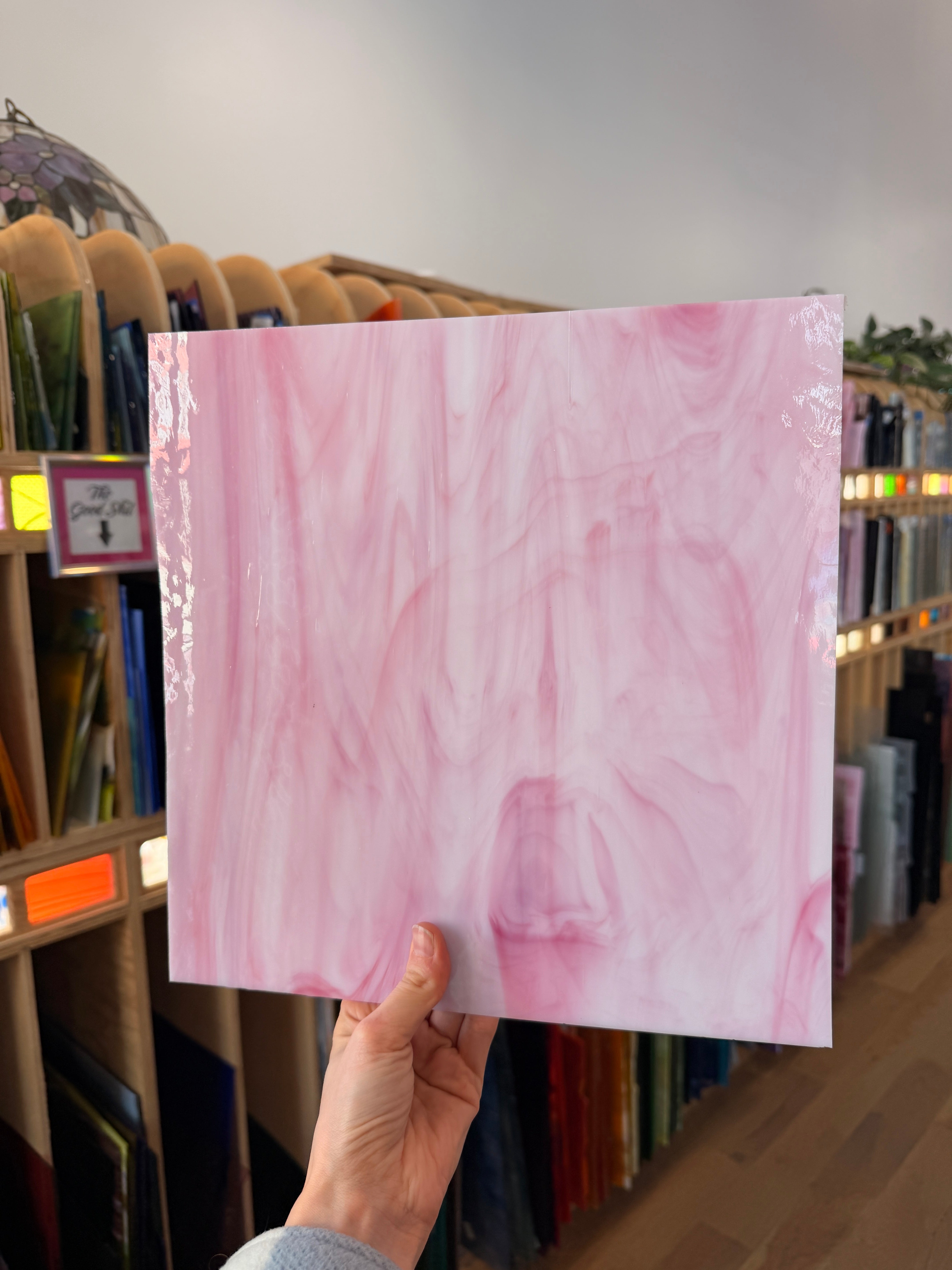 NEW! Oceanside Light Pink & White Wispy Fusible 96 COE - OGT 395.1F Sheet Glass Colorado Glassworks