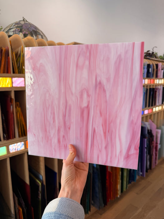 NEW! Oceanside Light Pink & White Wispy Fusible 96 COE - OGT 395.1F Sheet Glass Colorado Glassworks