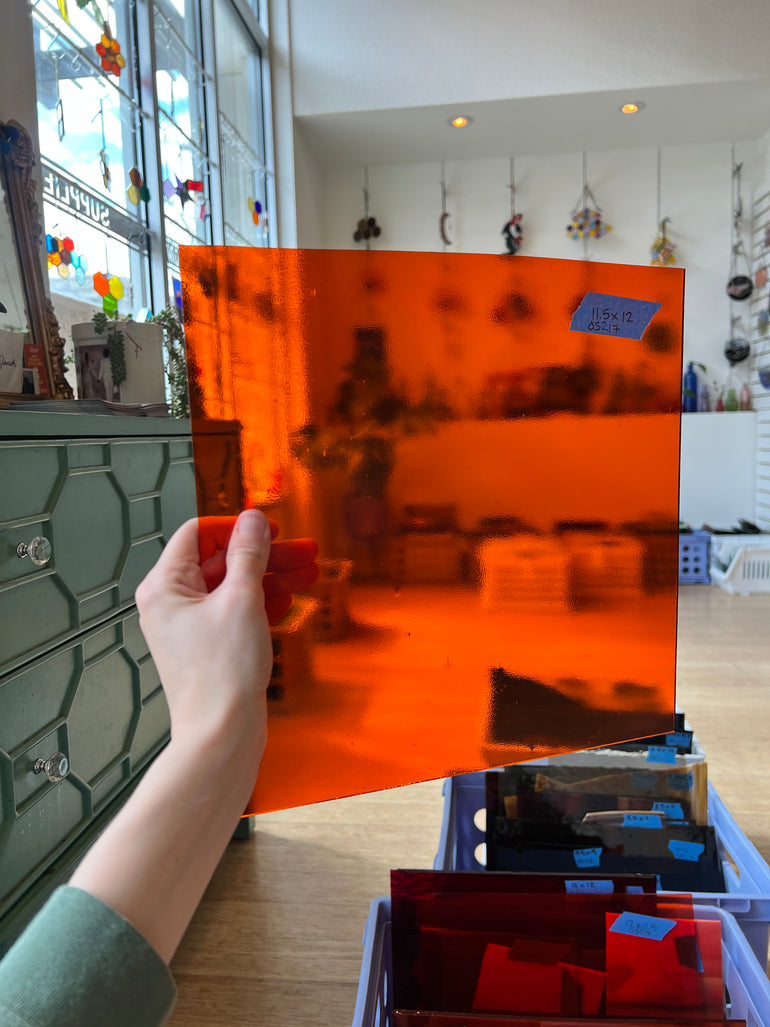 Orange Transparent Oceanside Fusible 96 COE Sheet Glass Colorado Glassworks OS217 (11.5x12in)  