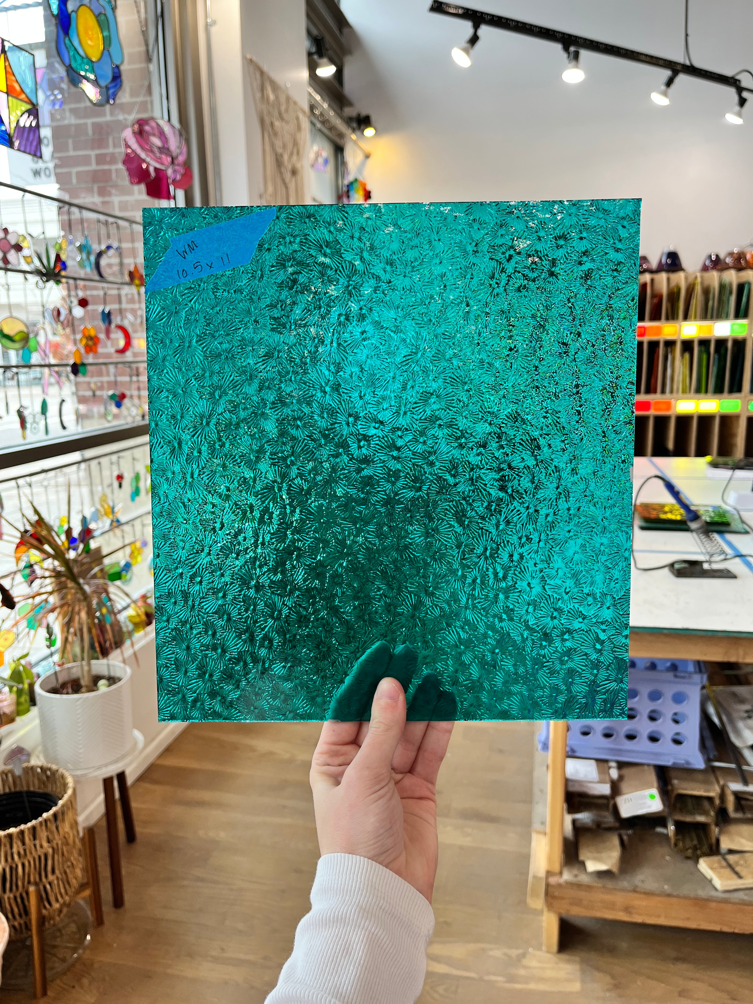 Robin's Egg Teal Florentine Wissmach (WI 25 FLOR) Sheet Glass Unknown WM-ROBINSEGG-FLOR (12x12in)