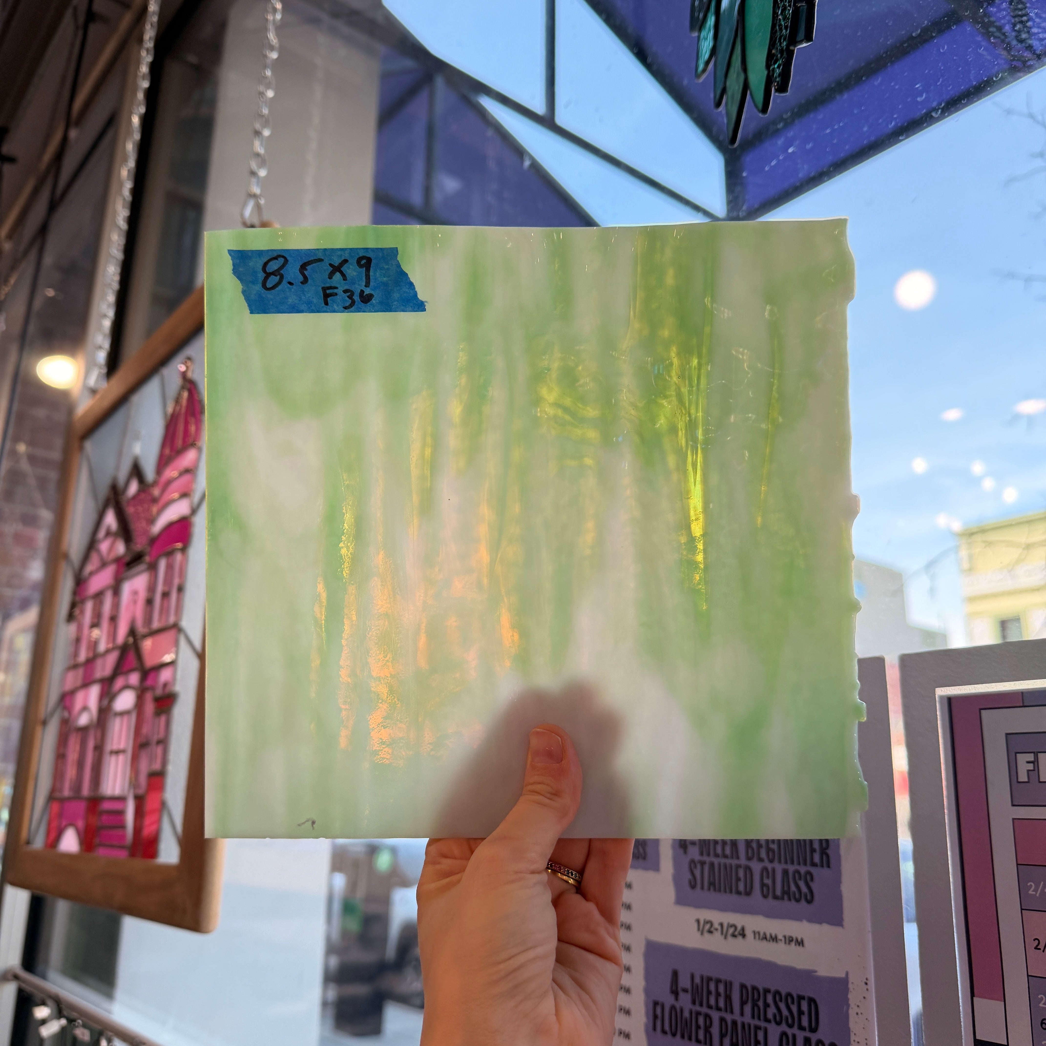 Green White Wispy Vintage Bullseye Sheet Glass Colorado Glassworks