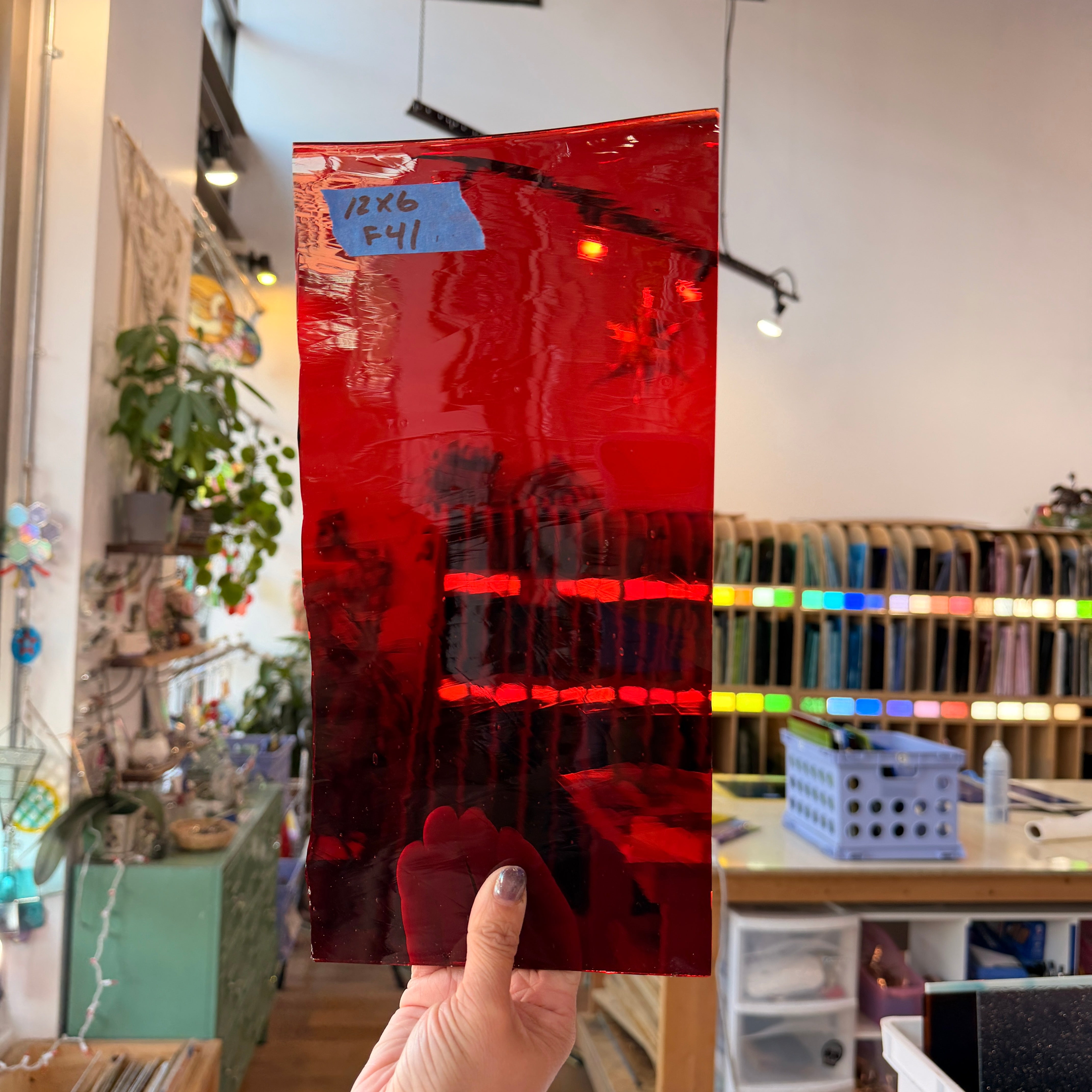 Red on Clear Mouth Blown Lamberts Flash Glass Sheet Glass Colorado Glassworks