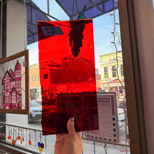 Red on Clear Mouth Blown Lamberts Flash Glass Sheet Glass Colorado Glassworks