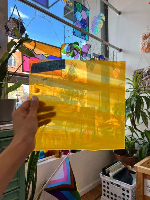 Yellow Clear Wispy S29 Mouth Blown Lamberts Sheet Glass Colorado Glassworks LA356 (9x8.5in)  