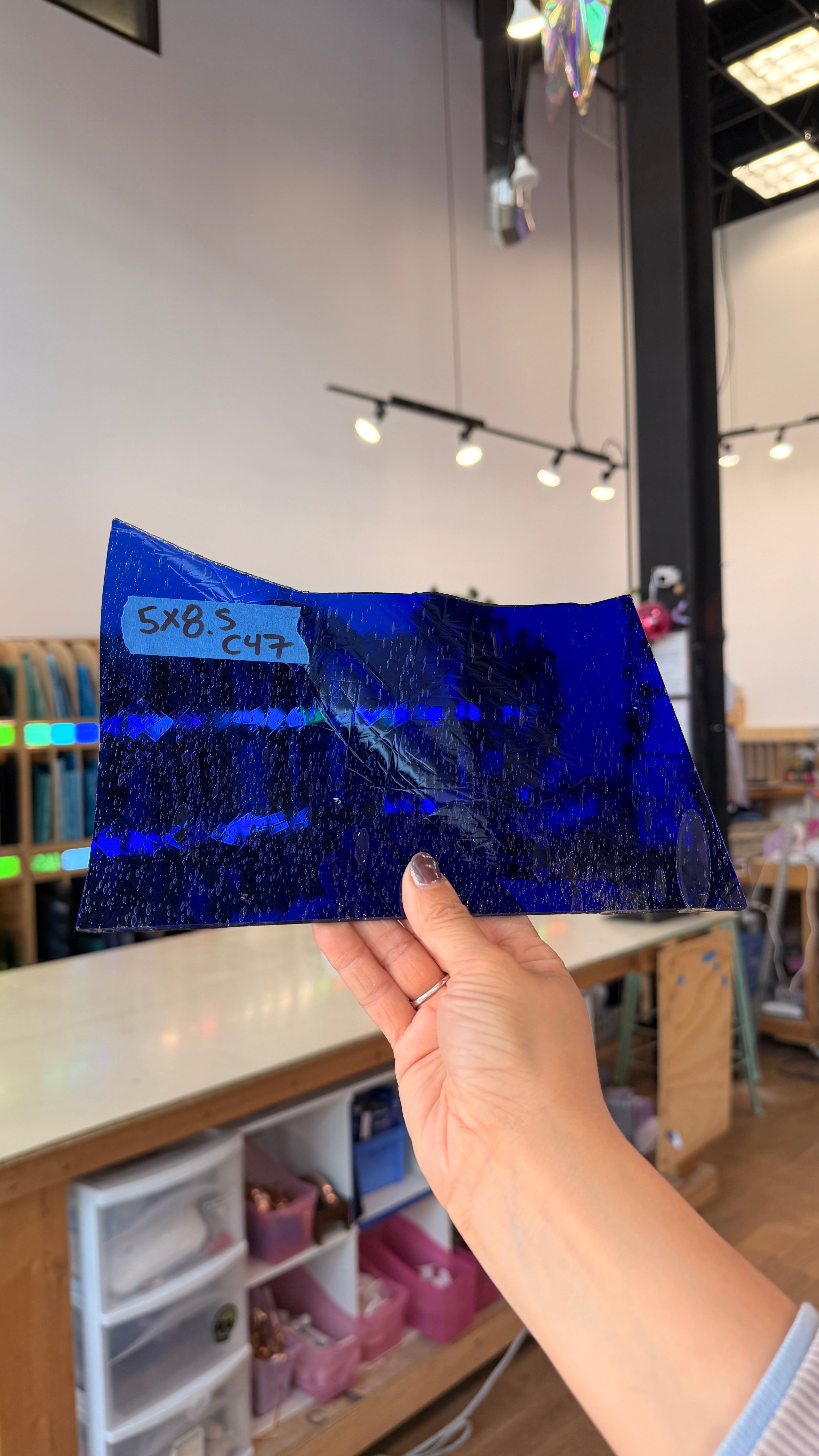 Dark Blue on Clear Flash Glass Mouth Blown Lamberts Sheet Glass Colorado Glassworks