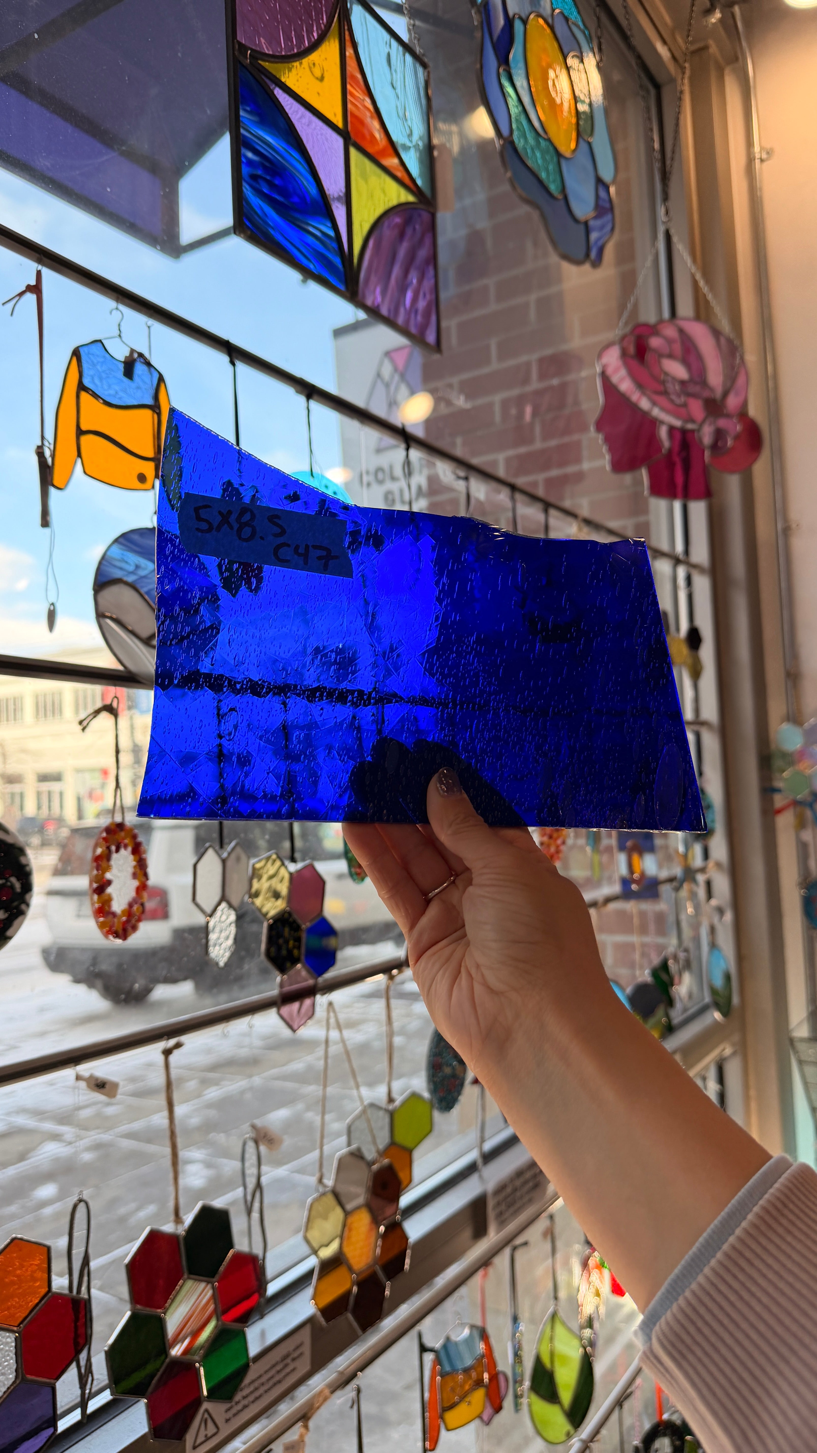 Dark Blue on Clear Flash Glass Mouth Blown Lamberts Sheet Glass Colorado Glassworks