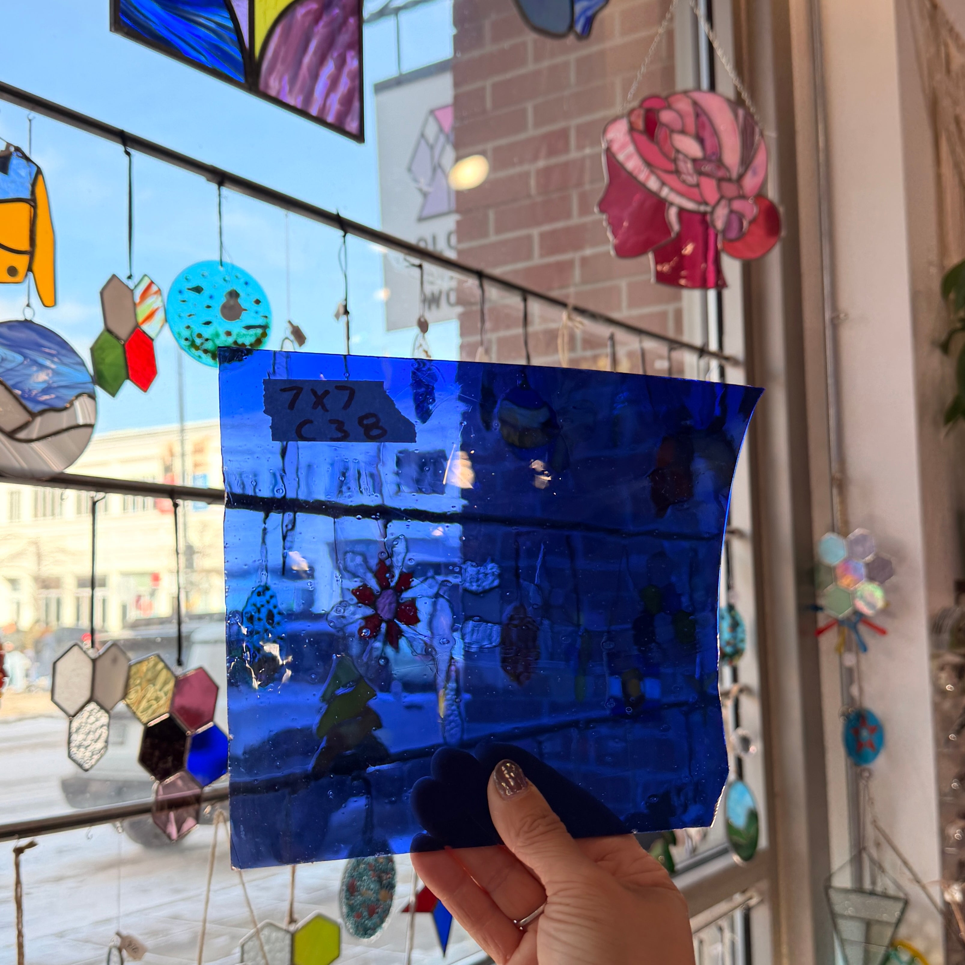 Blue on Clear Mouth Blown Flash Sheet Glass Colorado Glassworks