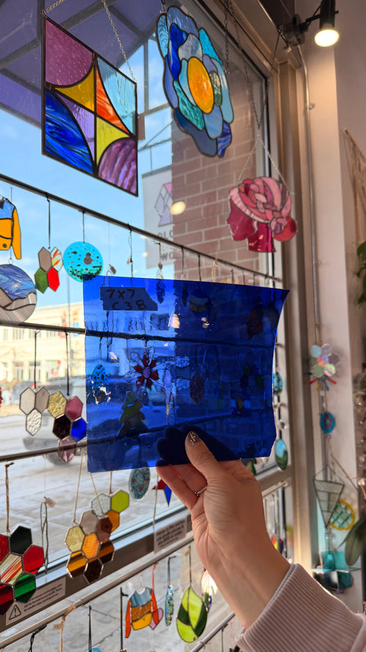 Blue on Clear Mouth Blown Flash Sheet Glass Colorado Glassworks