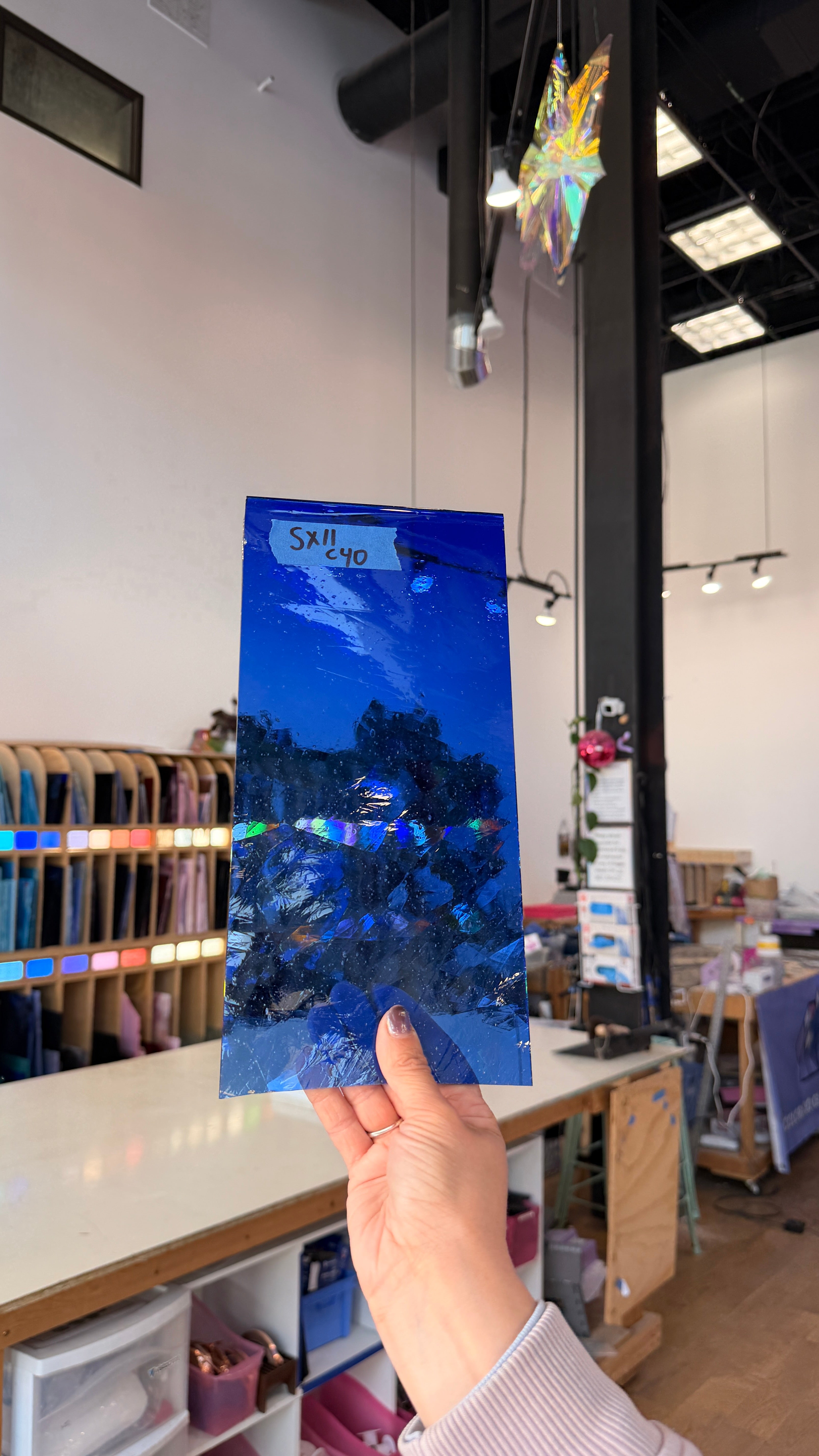 Blue on Clear Mouth Blown Lamberts Flash Sheet Glass Colorado Glassworks 11x5in (LA-25452845)