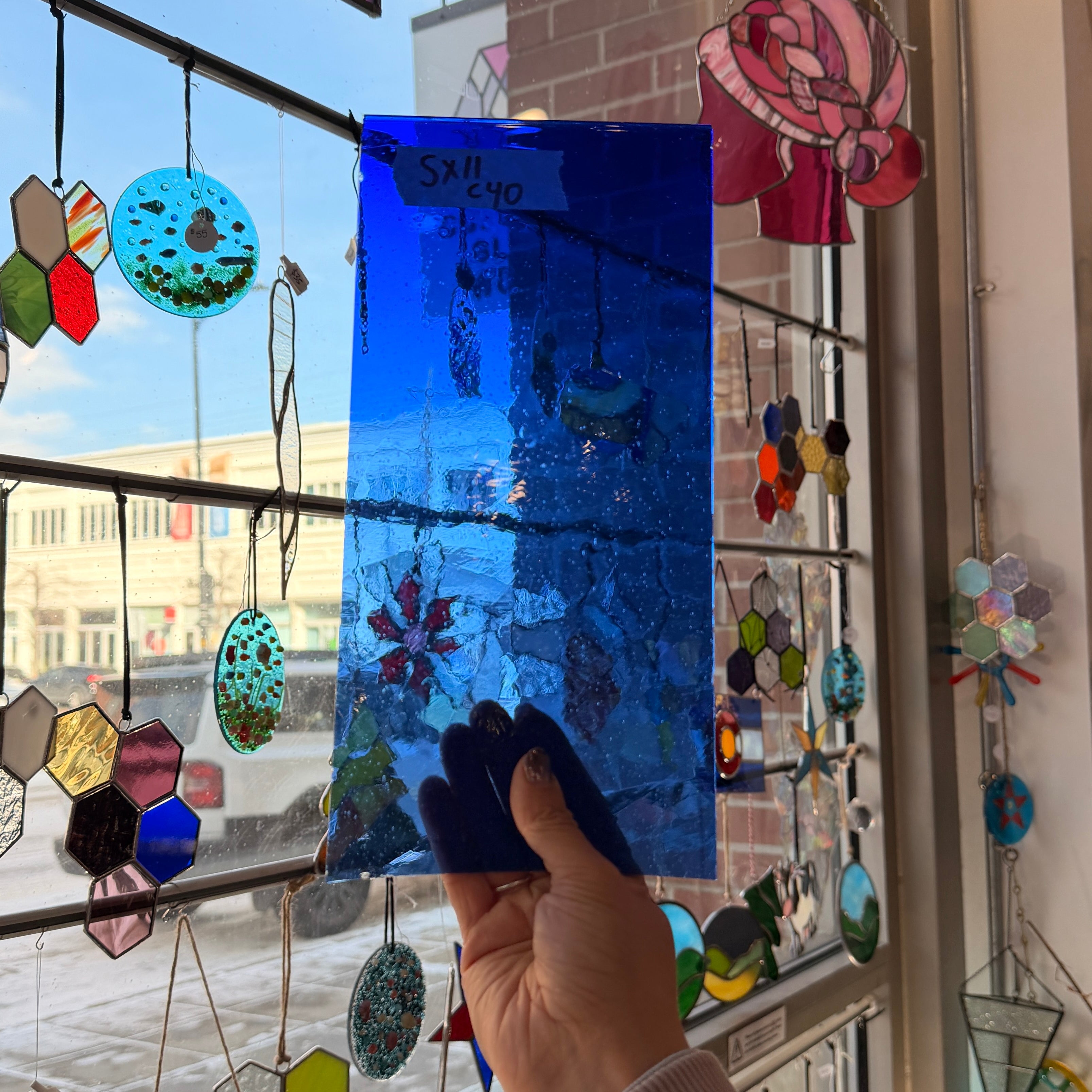 Blue on Clear Mouth Blown Lamberts Flash Sheet Glass Colorado Glassworks