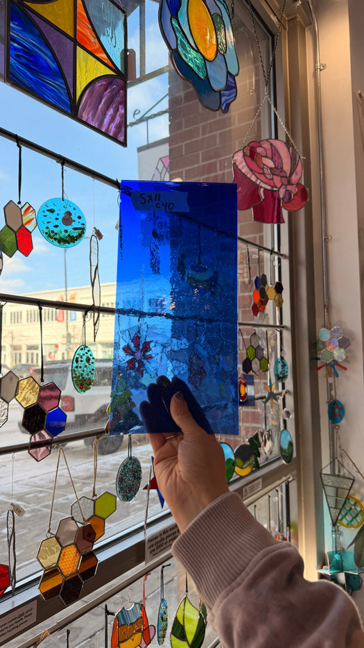 Blue on Clear Mouth Blown Lamberts Flash Sheet Glass Colorado Glassworks