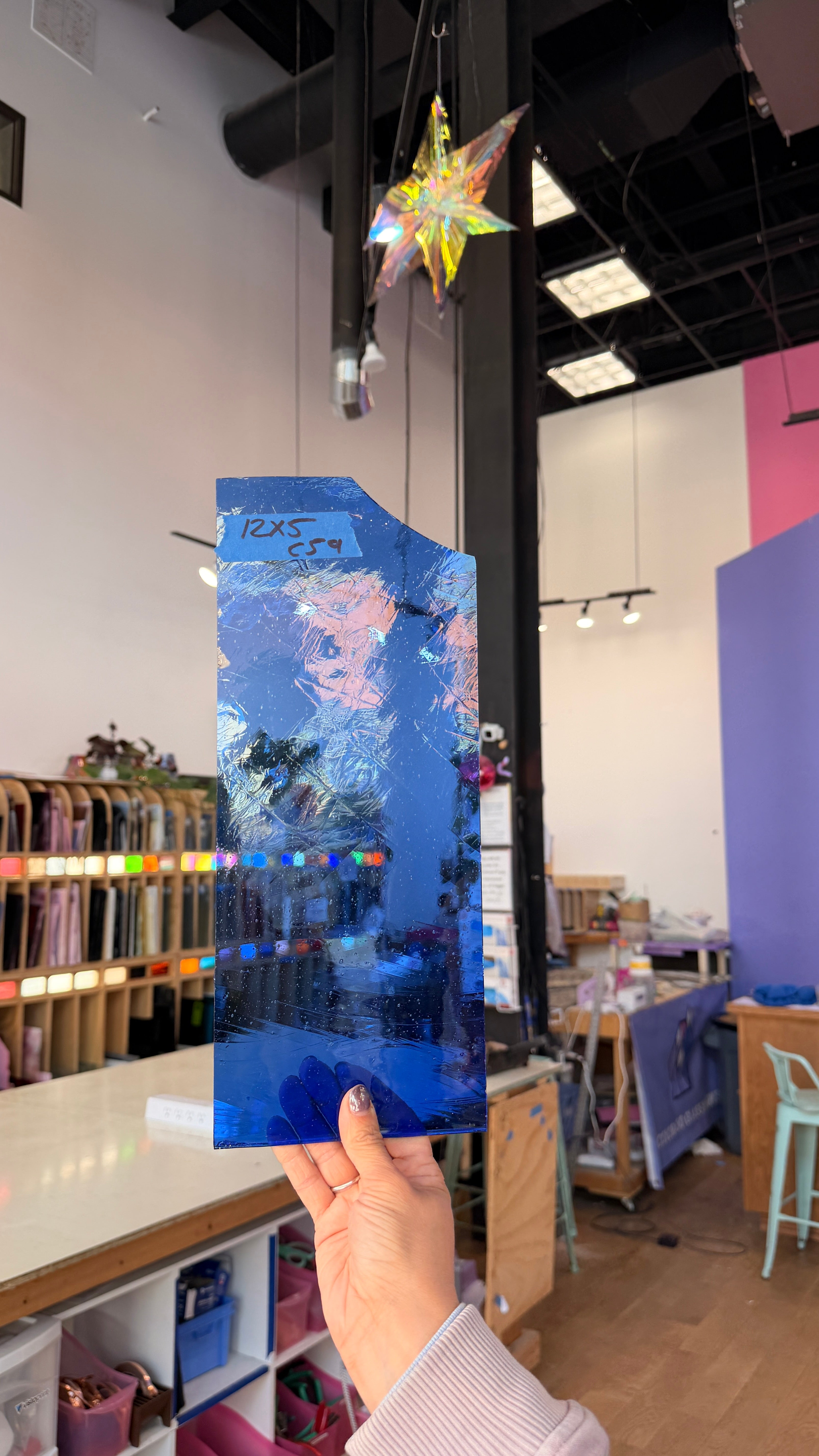 Blue on Clear Mouth Blown Lamberts Flash Sheet Glass Colorado Glassworks 12x5in (LA-23945517)