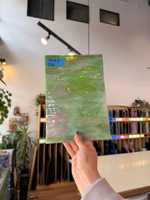 Pink Green Dappled Vintage Bullseye Sheet Glass Colorado Glassworks 9.5x6.5in (BE-78121261)