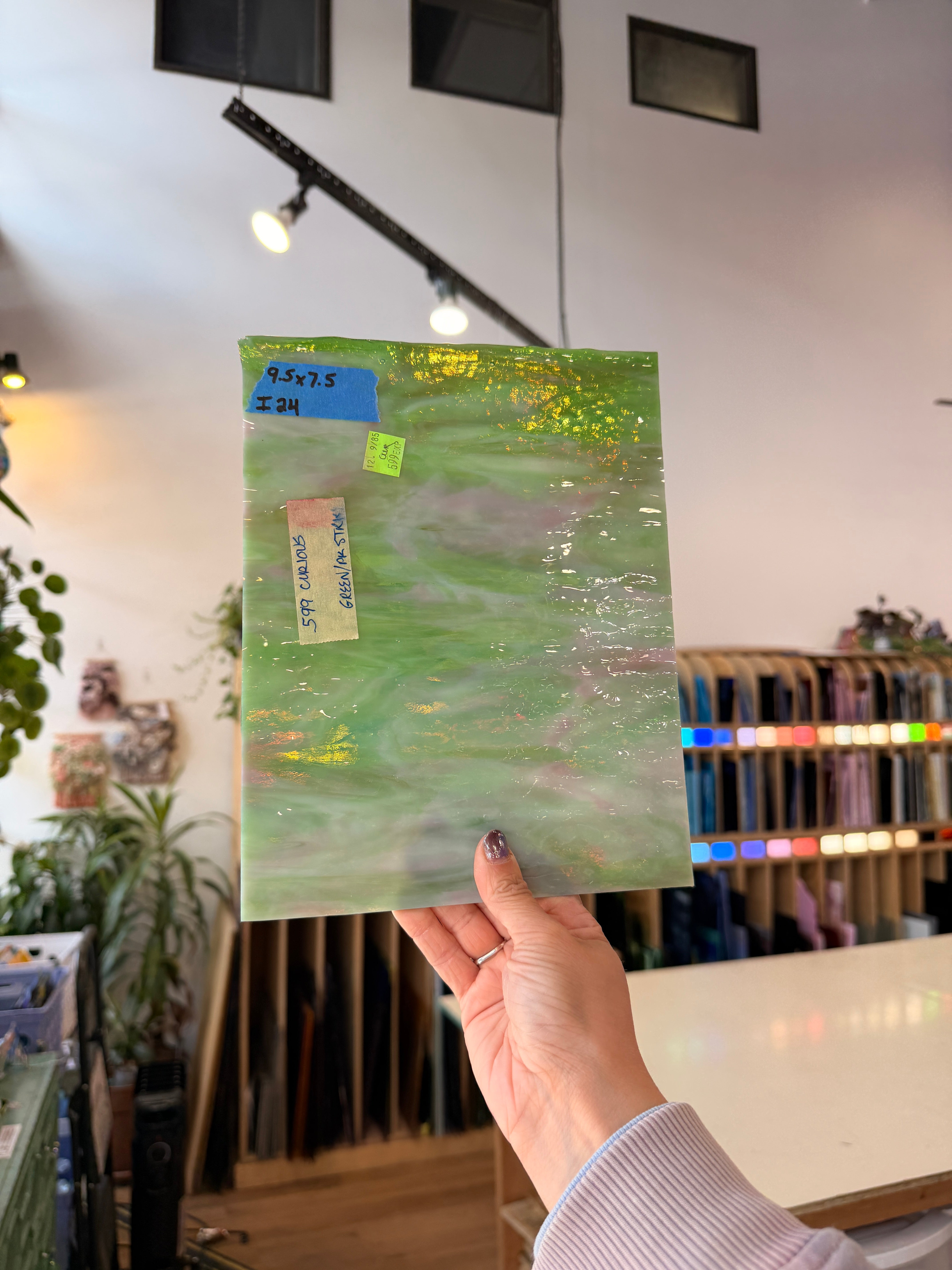 Pink Green Dappled Vintage Bullseye Sheet Glass Colorado Glassworks 9.5x7.5in (BE-78088493)