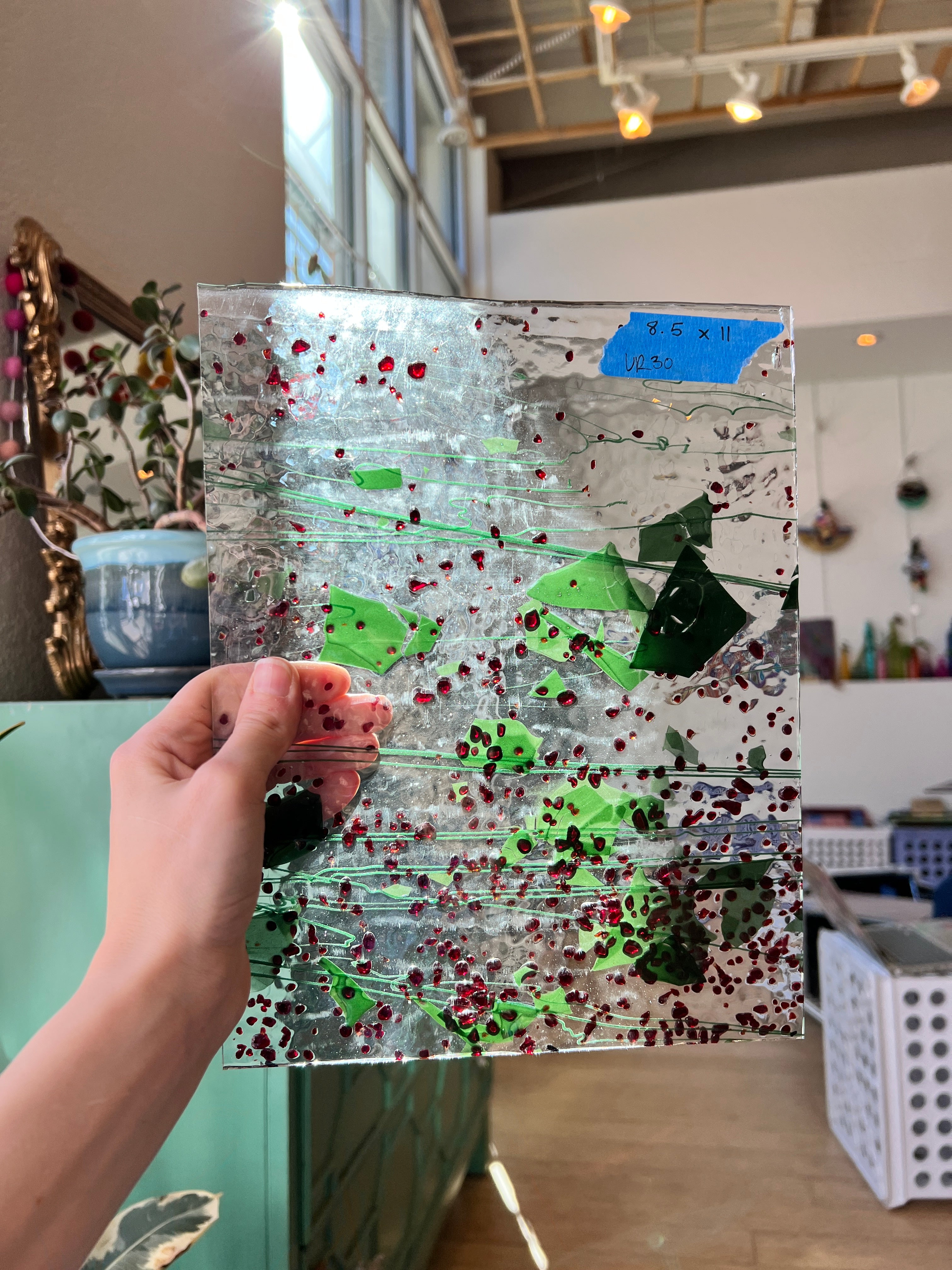 Clear With Green Confetti And Red Blobs - Uroboros Sheet Glass Colorado Glassworks   