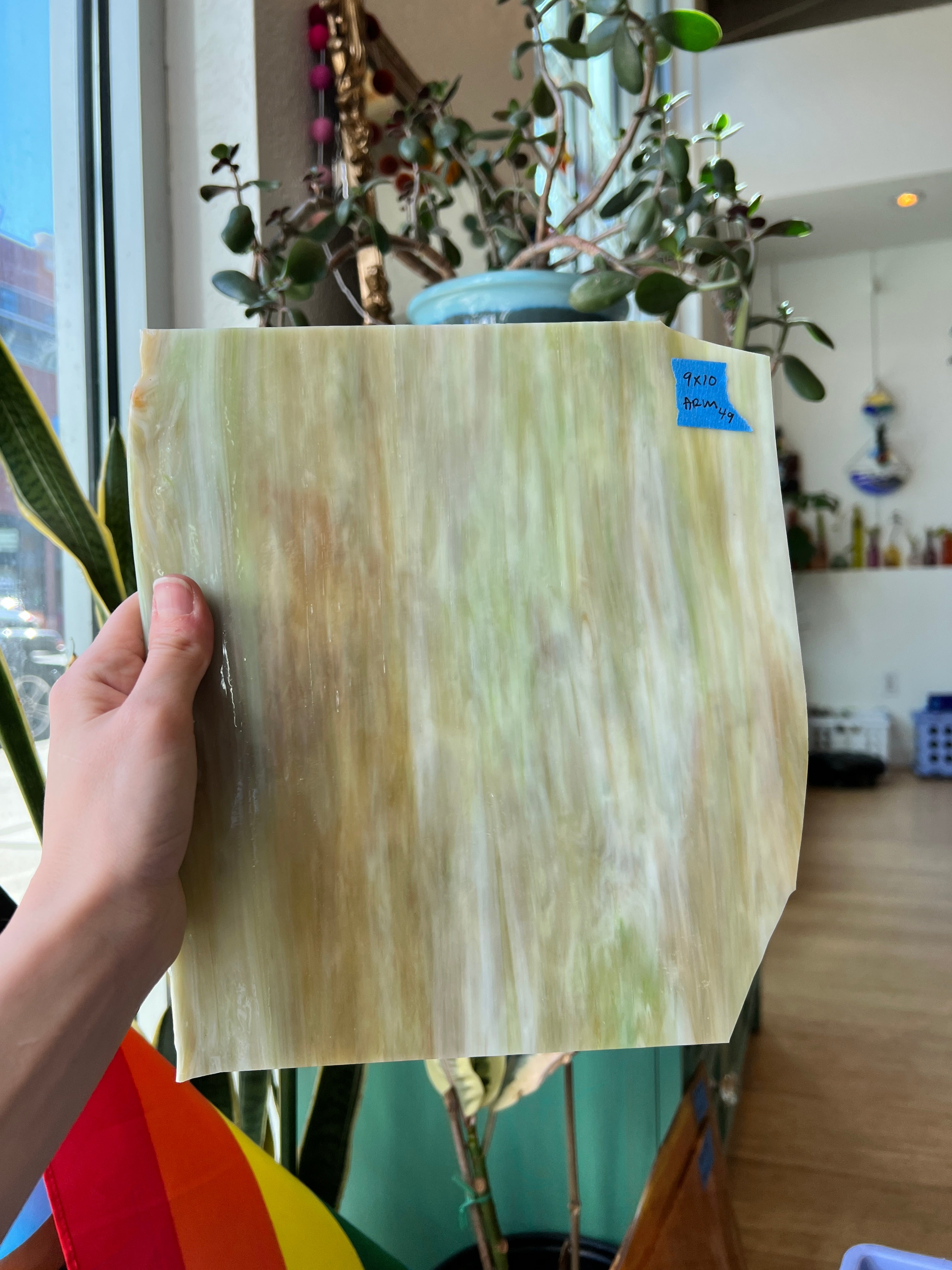 Green Brown White Wispy - Armstrong Sheet Glass Colorado Glassworks   