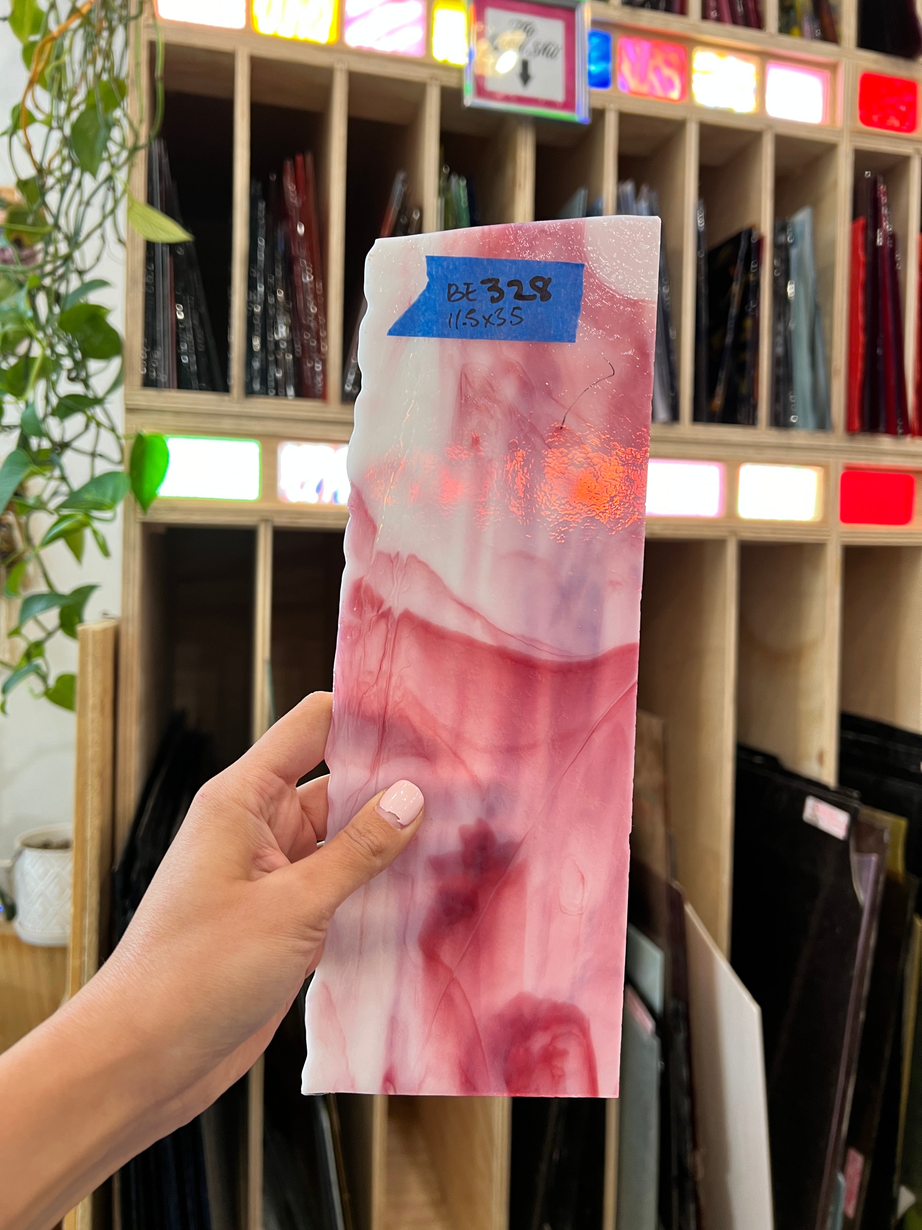 Pink and White Semi-Opaque Vintage Bullseye Sheet Glass Colorado Glassworks BE328 (11.5x3.5in)  