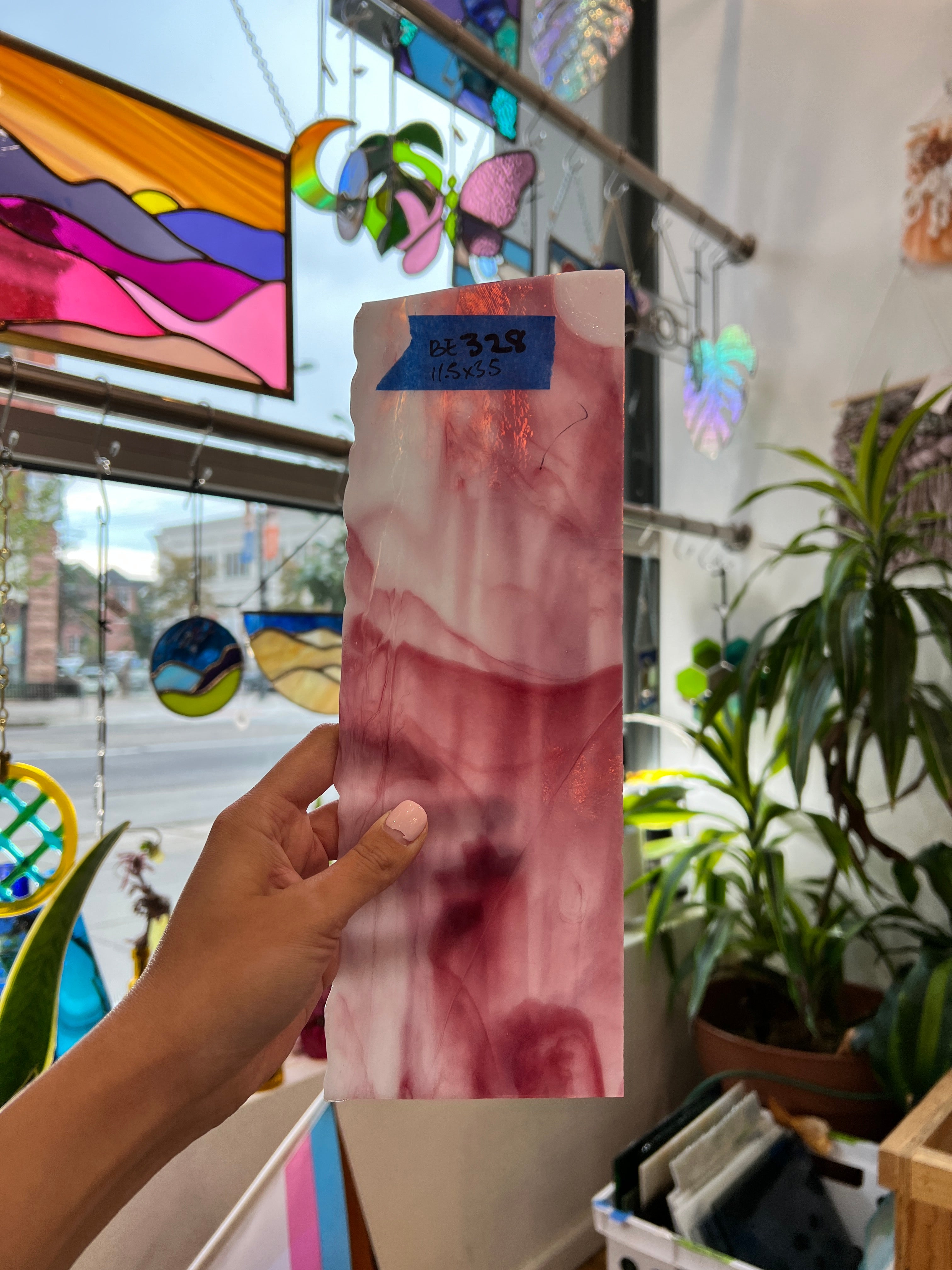 Pink and White Semi-Opaque Vintage Bullseye Sheet Glass Colorado Glassworks   
