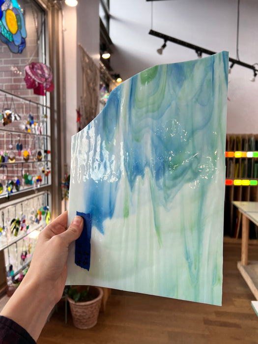 Green White Blue Wispy AC Fischer Sheet Glass Colorado Glassworks ACF21 (8x8in)