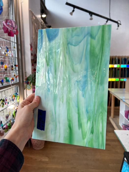 Green White Blue Wispy AC Fischer Sheet Glass Colorado Glassworks ACF22 (12x8in)