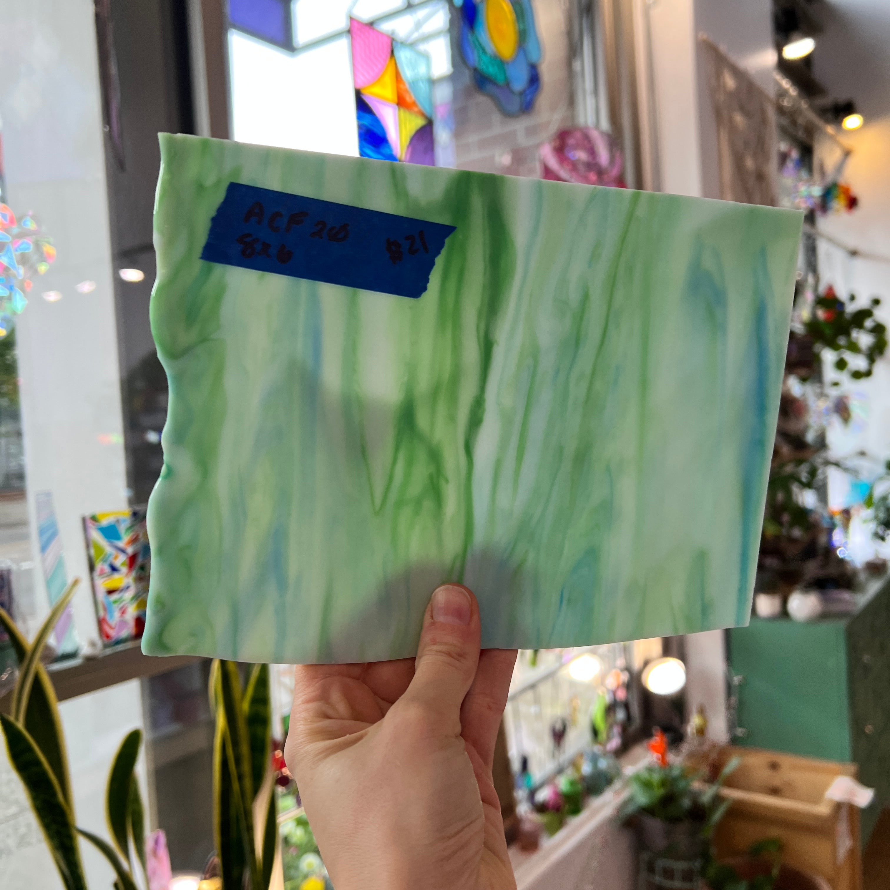 Green White Blue Wispy AC Fischer Sheet Glass Colorado Glassworks
