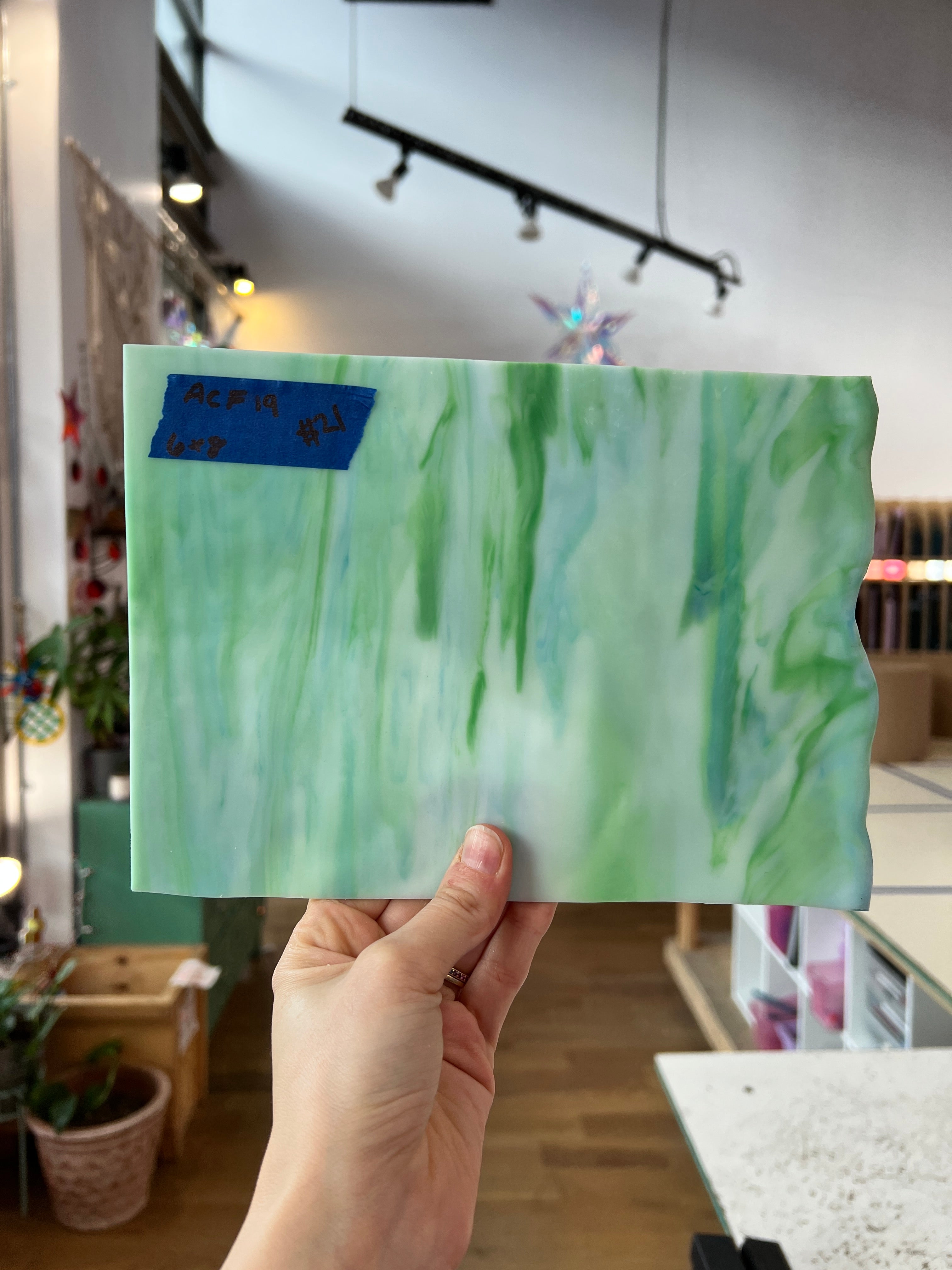 Green White Blue Wispy AC Fischer Sheet Glass Colorado Glassworks ACF19 (6x8in)