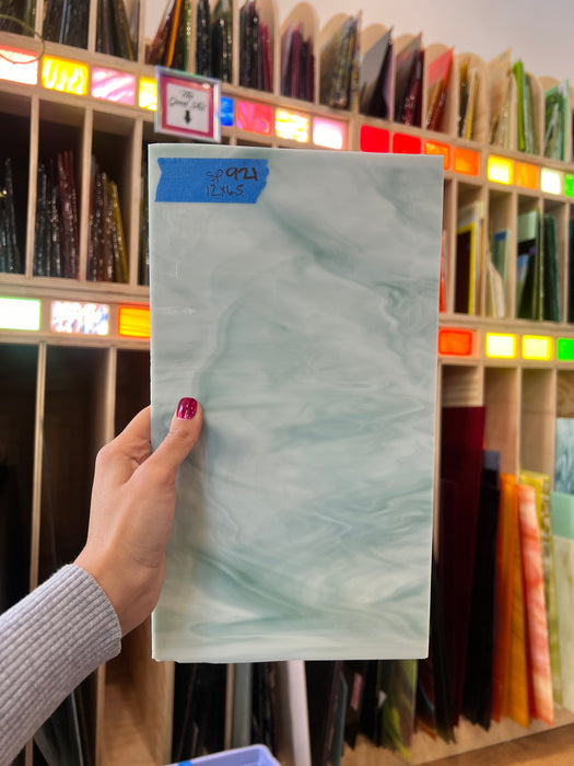 White and Teal Wispy Opaque Spectrum Sheet Glass Colorado Glassworks SP921 (12x6.5in)  