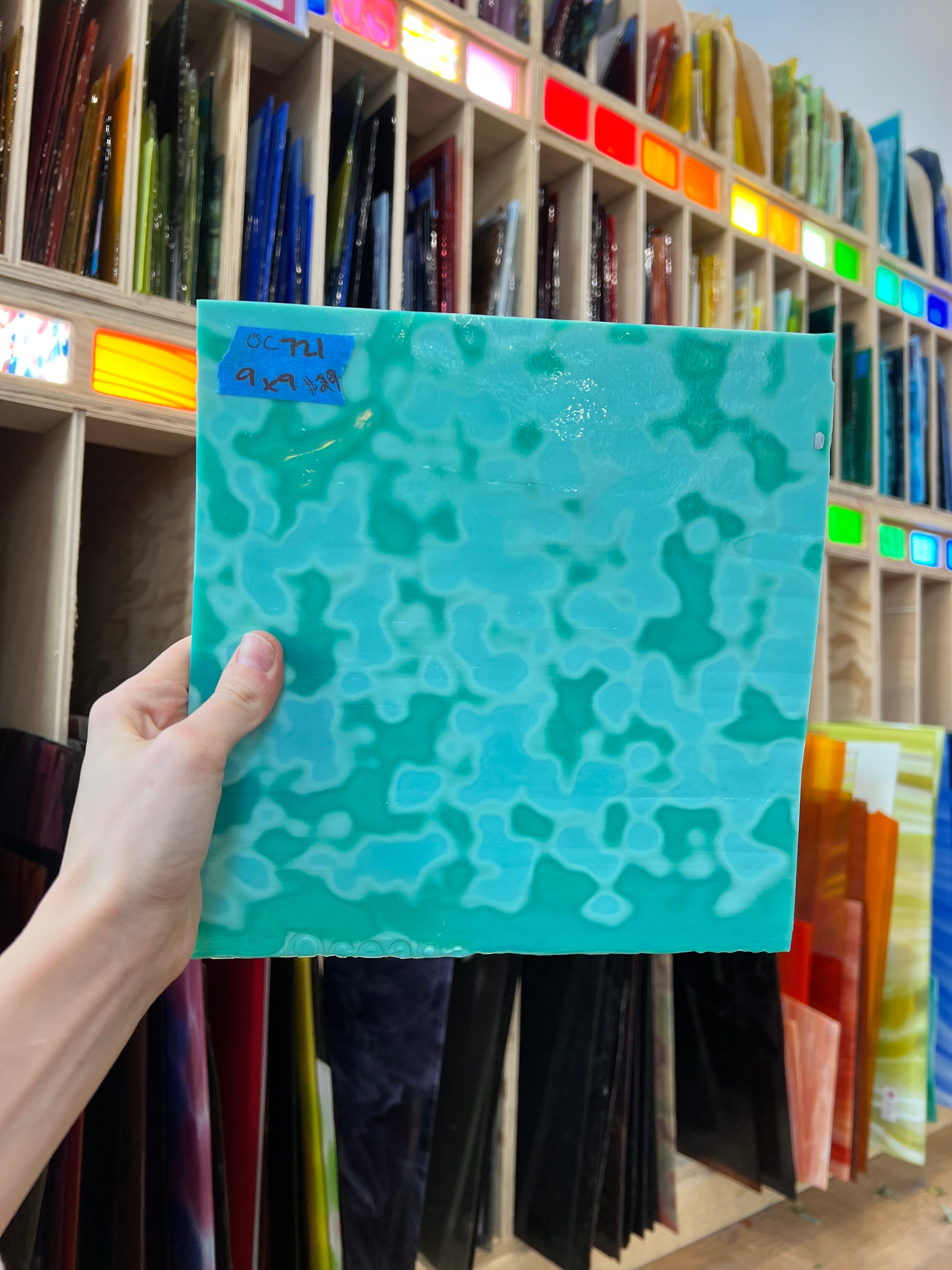 Teal Copper Green 324 Mottled Oceana Sheet Glass Colorado Glassworks OC-TEALMOTT (9x9in)